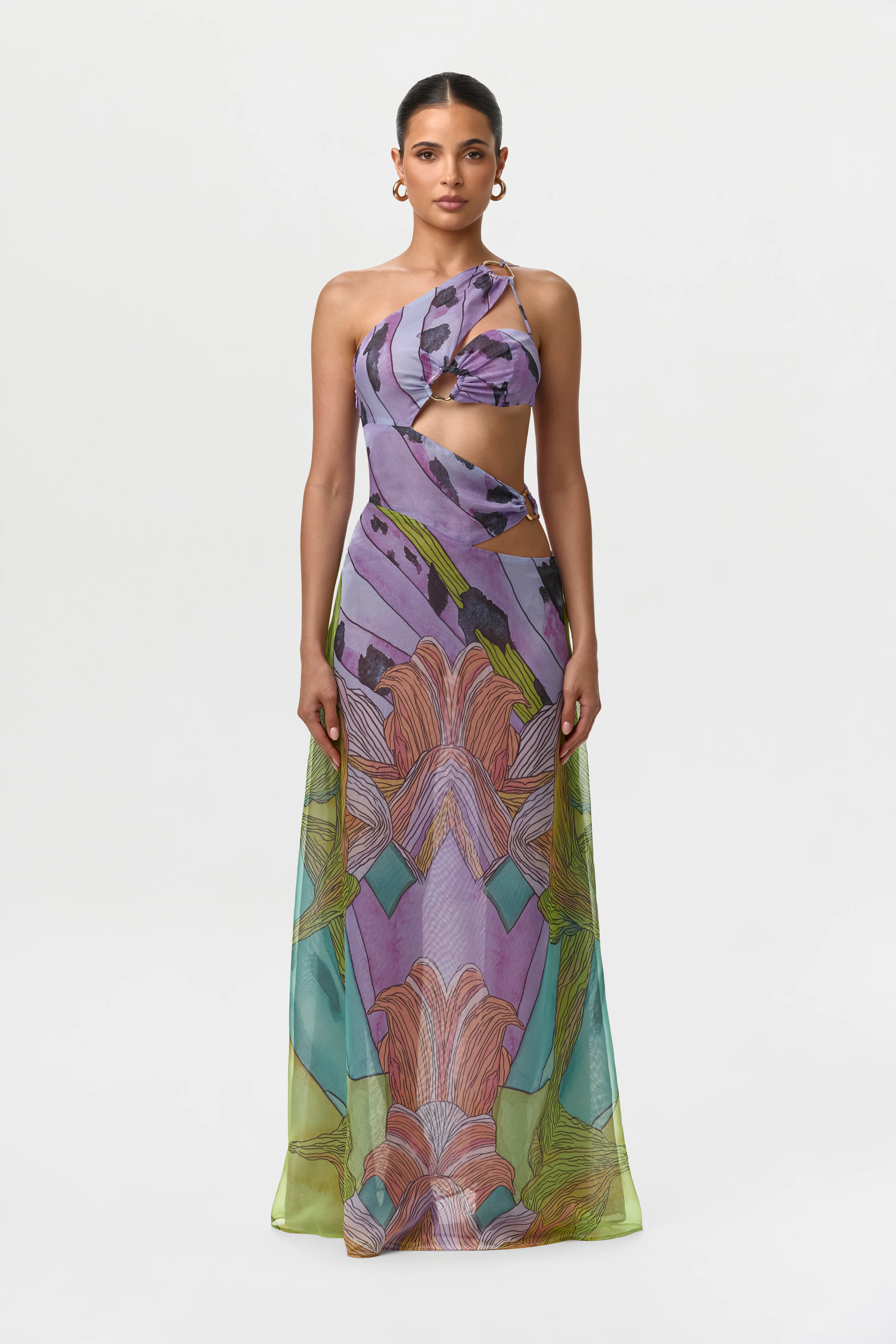 Chiffon Print Cutout Maxi Dress
