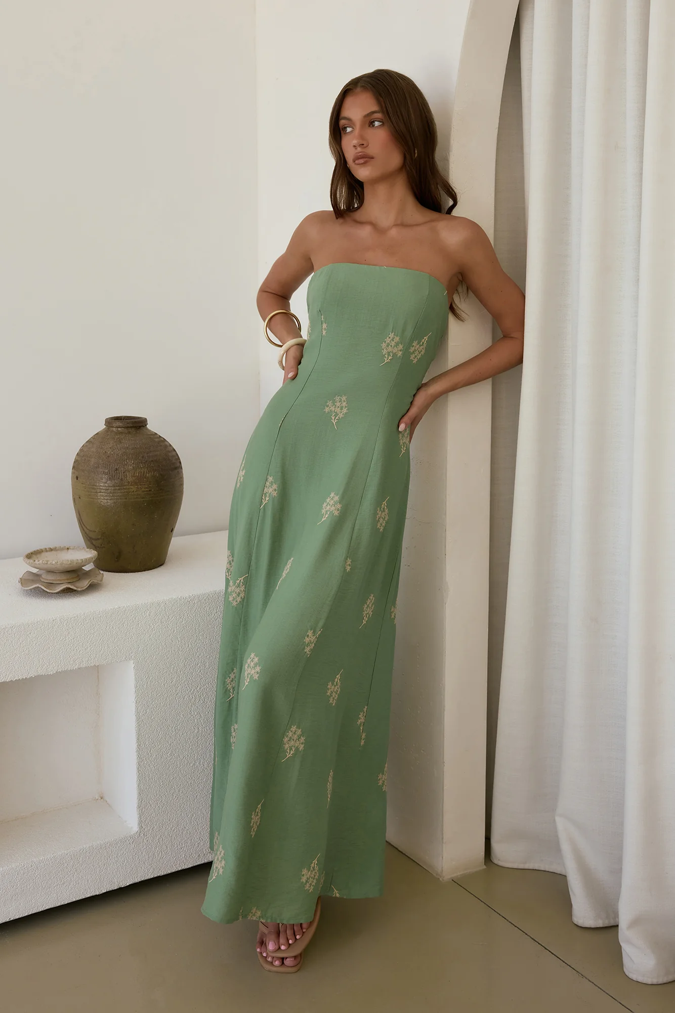 Swept Away Strapless Maxi Dress Green - luluinthesky