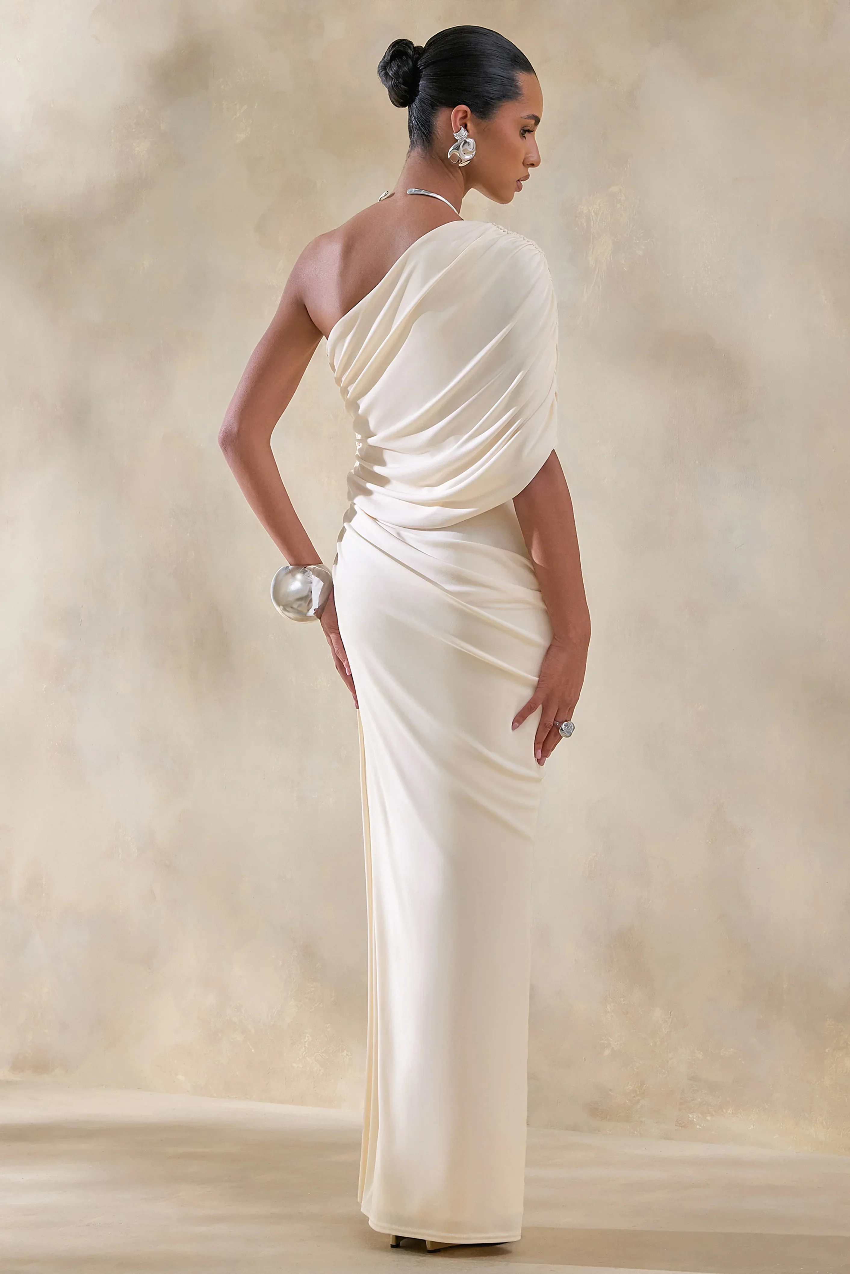 Iberia | Cream Asymmetric-Neck Maxi Dress With Draped Detail