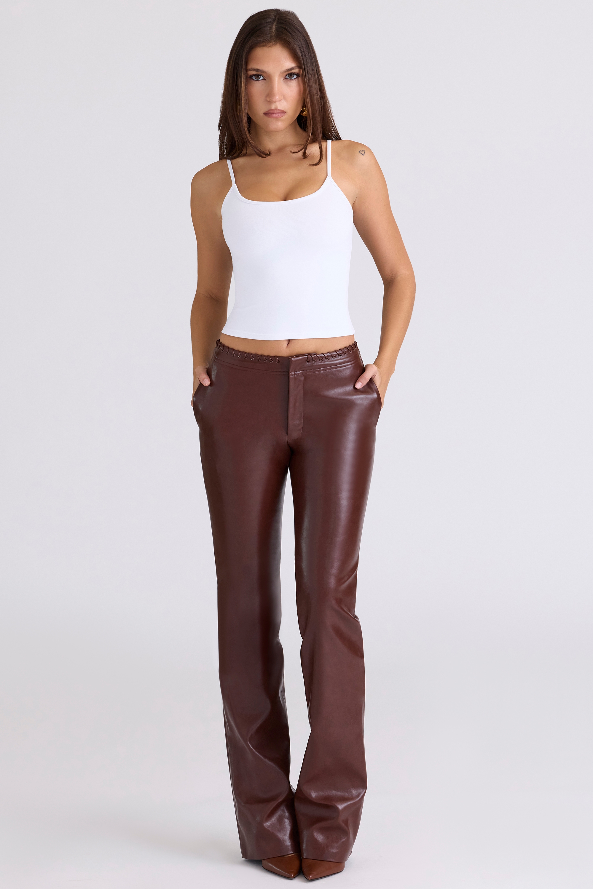 chocolate vegan leather trousers