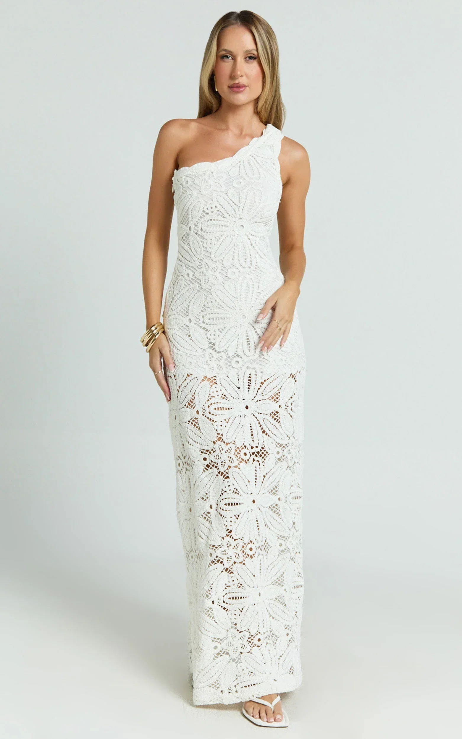 Charlene Maxi Dress - Crochet Knitted One Shoulder Maxi Dress in White - luluinthesky