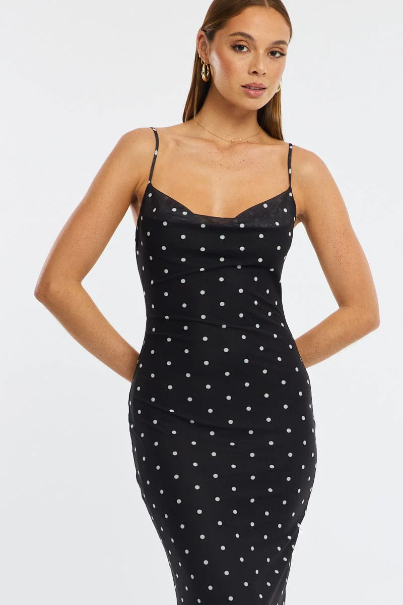 Black Polka Dot Bodycon Dress Polka Dot Cowl Neck Maxi