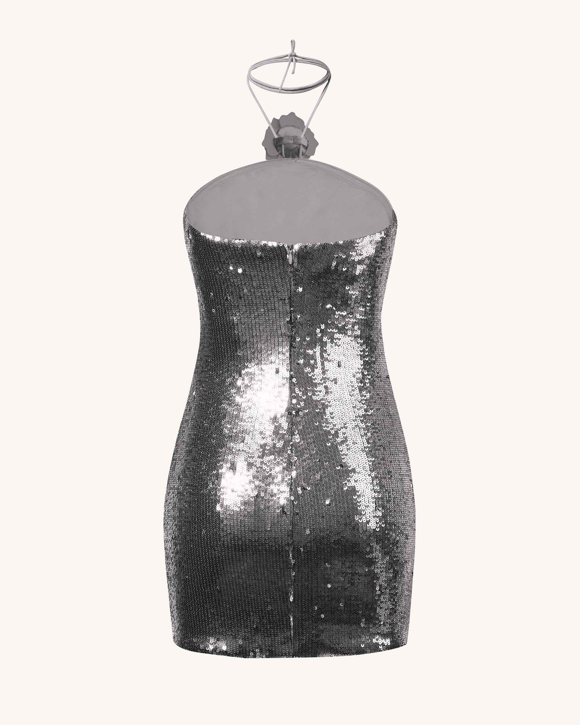 Burgundy Silver Sequinned Halter Mini Dress - Silver - FASHION NOB