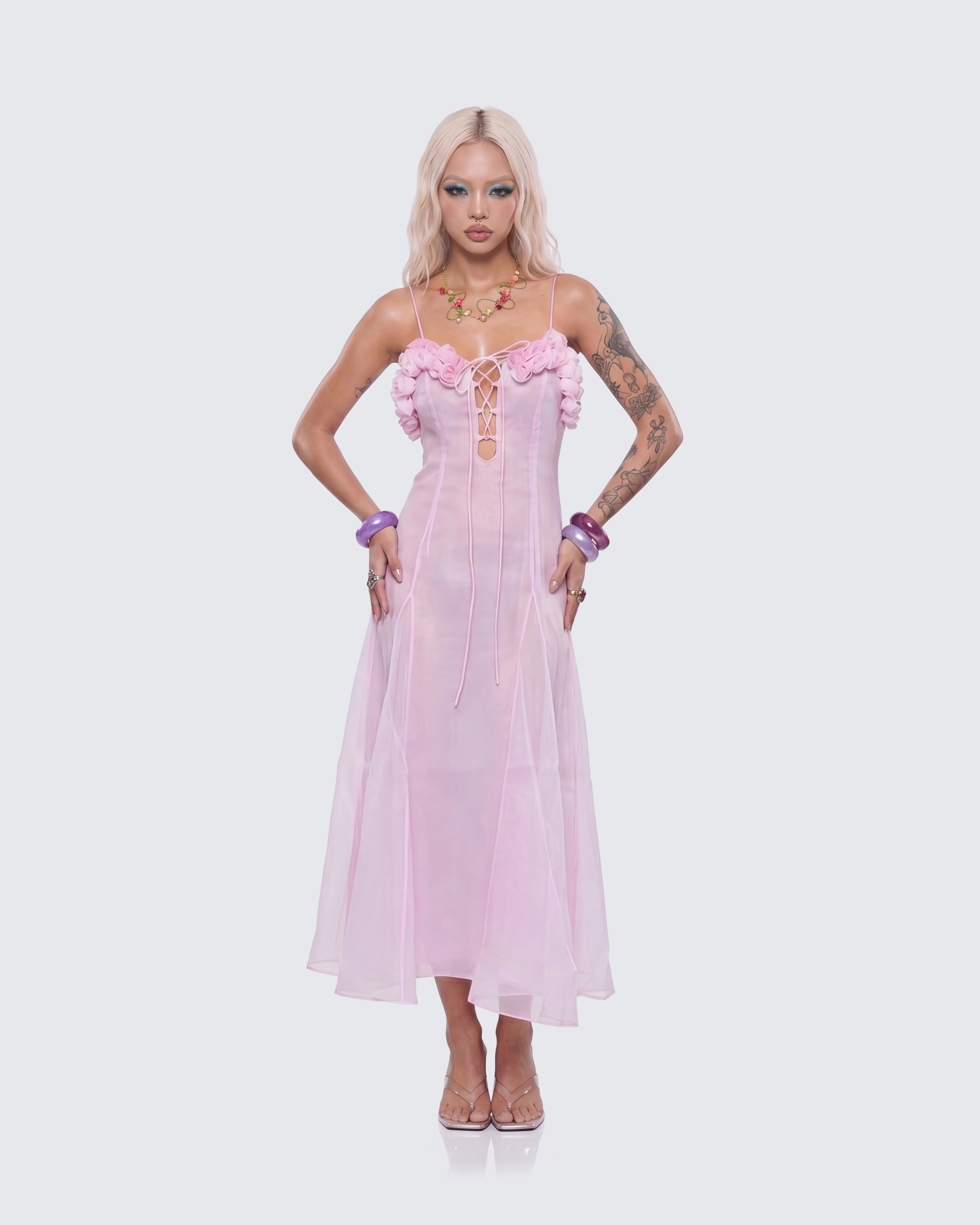 Glena Pink Sheer Godet Midi Dress