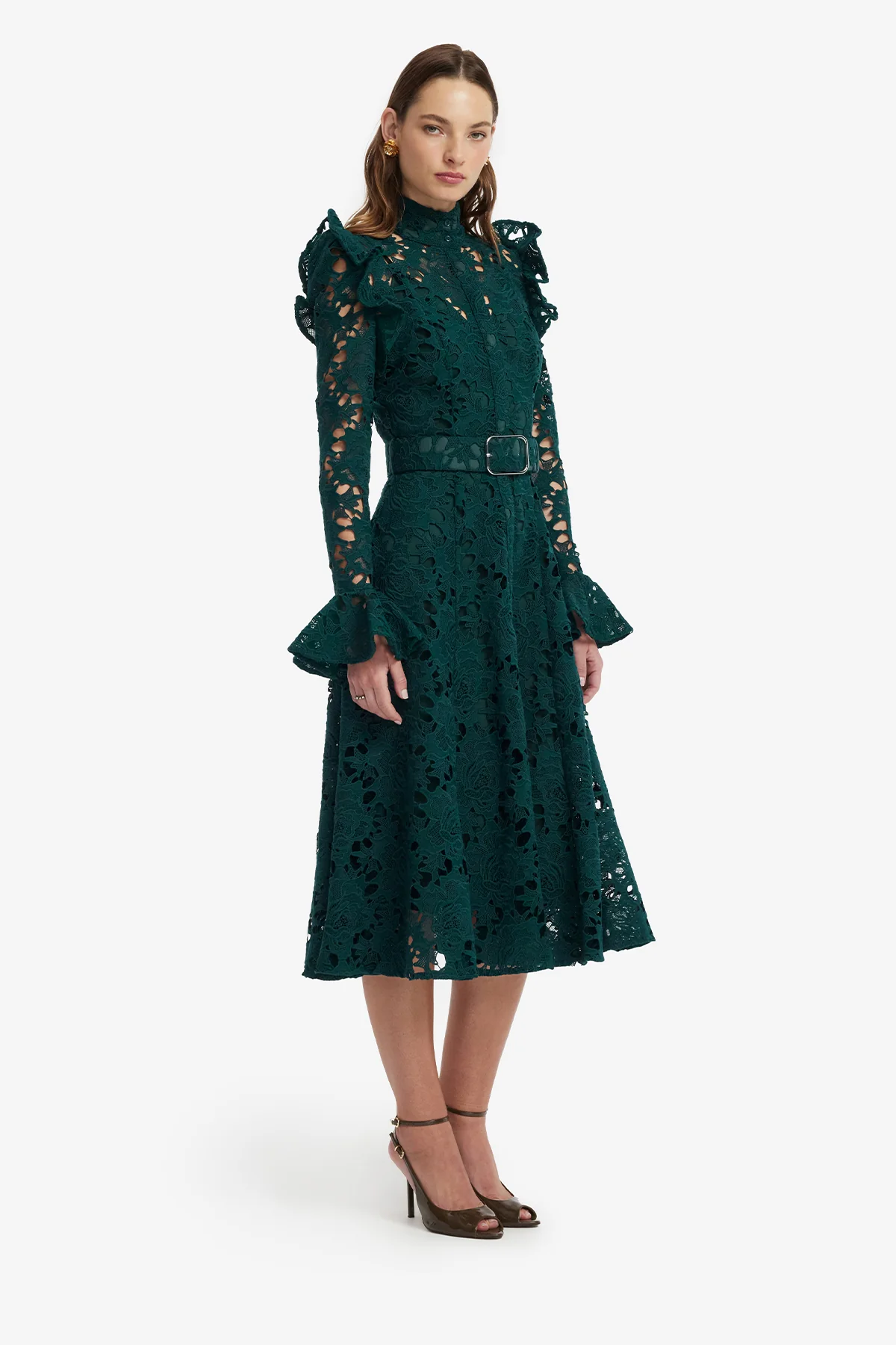 Aliyah Lace Butterfly Sleeve Midi Dress - Emerald
