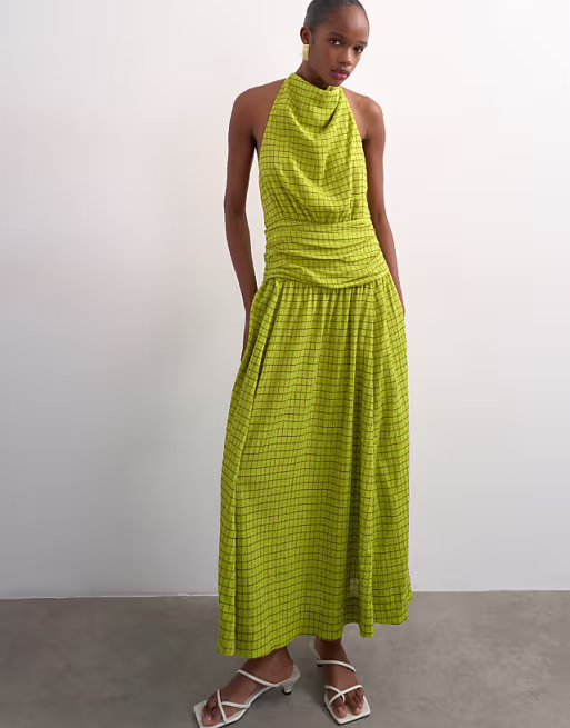 Topshop dropped waist halter maxi dress in brown and lime plaid