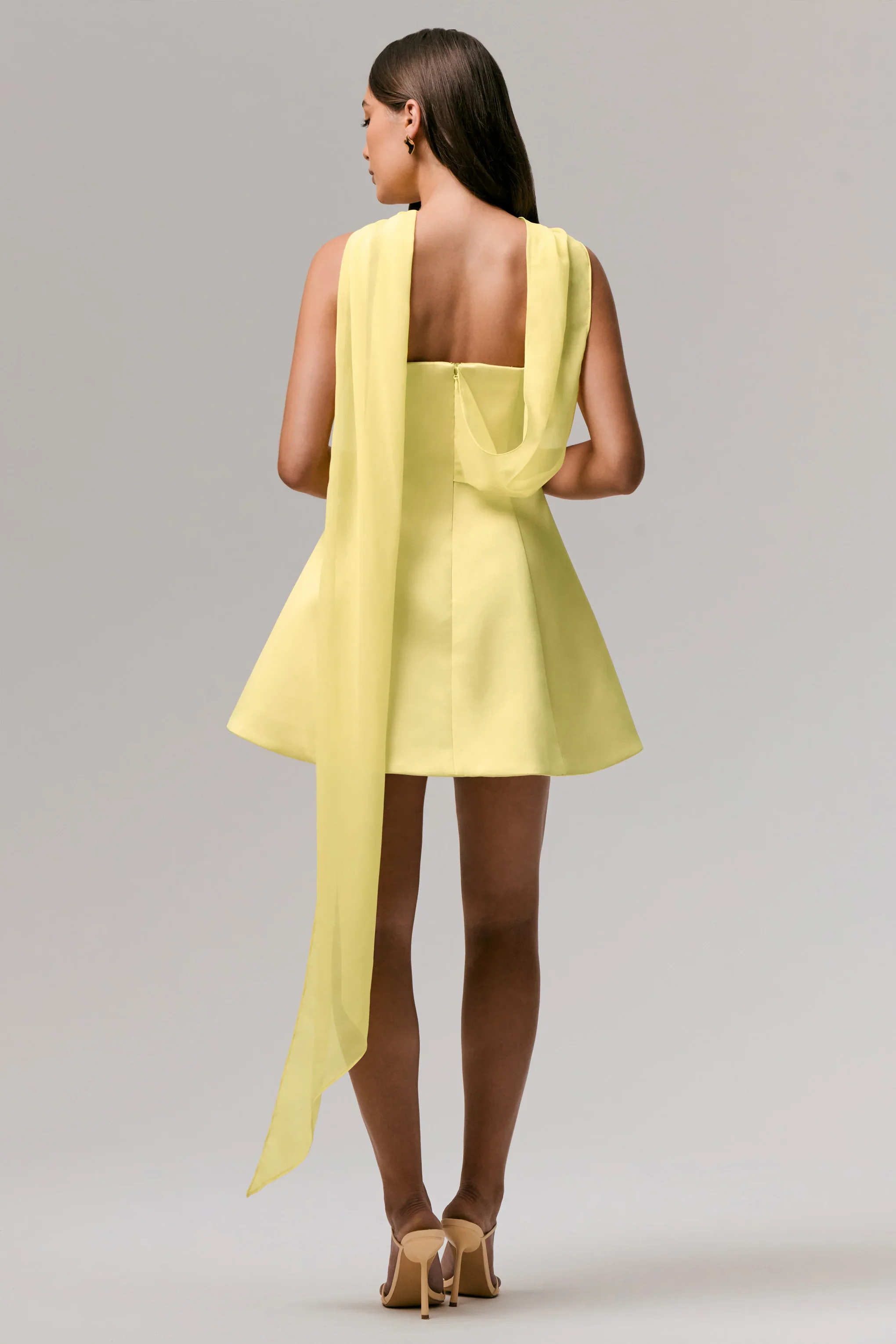 Love Me | Lemon Satin Skater Mini Dress With Chiffon Scarf