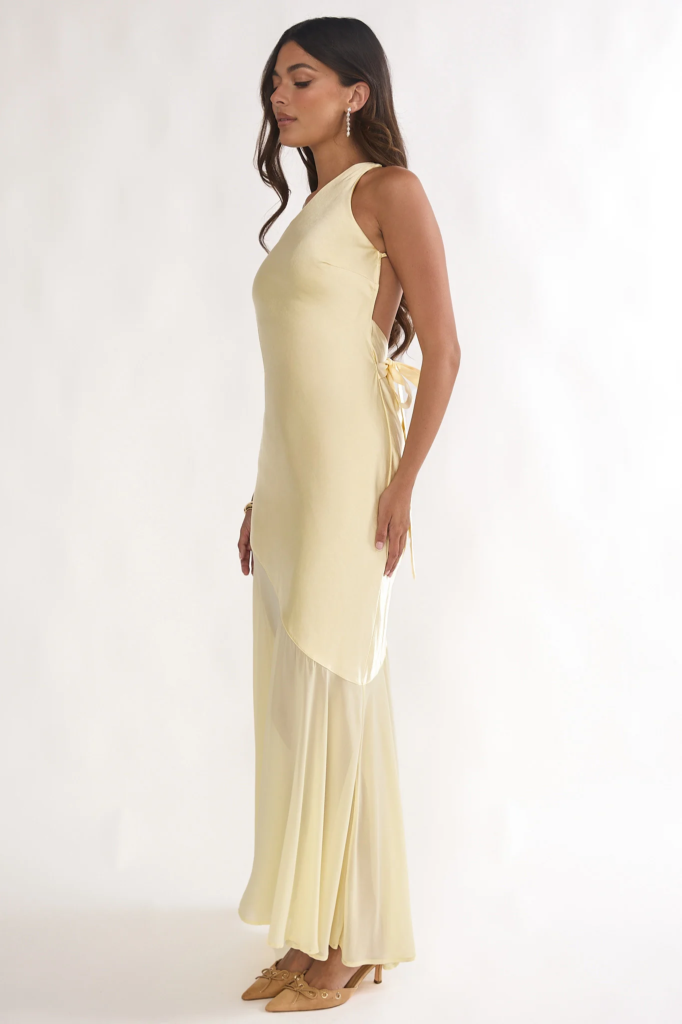 Mireya One-Shoulder Sheer Hem Maxi Dress Lemon