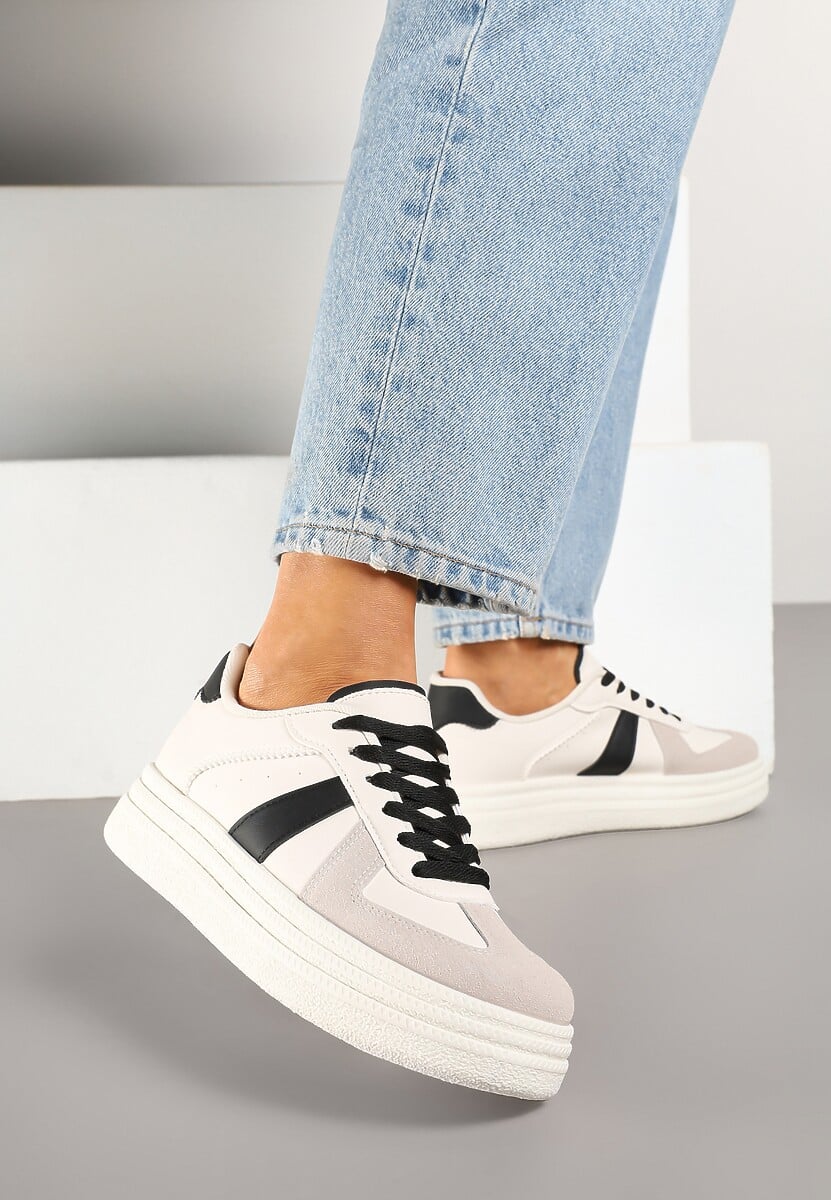 Beżowo-Czarne Sneakersy na Platformie Ozdobione Paskami ze Sznurowaniem Bormi