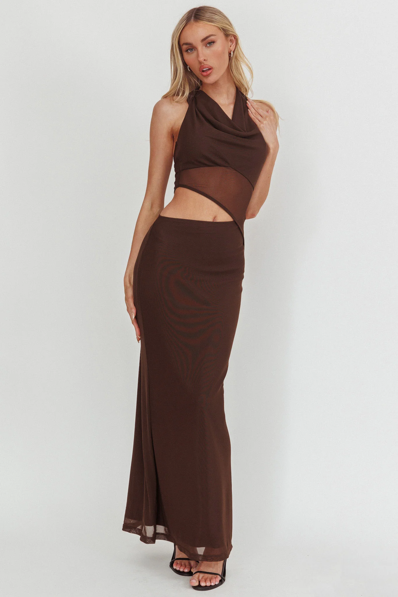 Playing Games Cut-Out Cowl Halter Dress Chocolate - luluinthesky