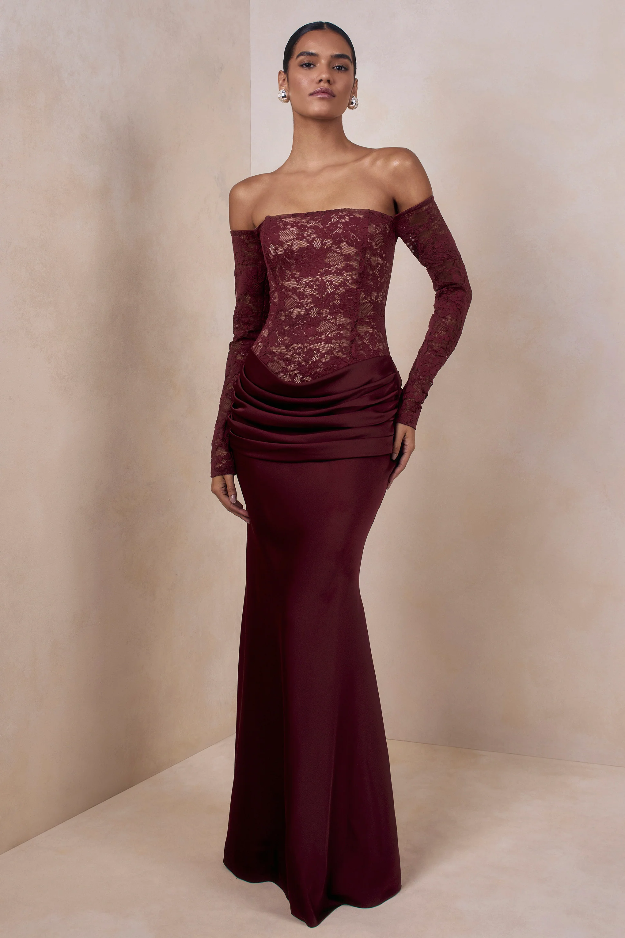 Rinna | Burgundy Lace Bardot-Neck Maxi Dress