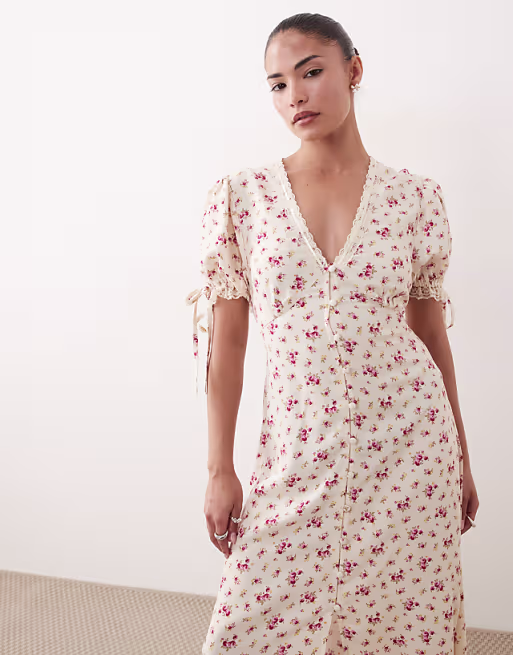 Miss Selfridge Petite button up maxi tea dress in vintage ditsy