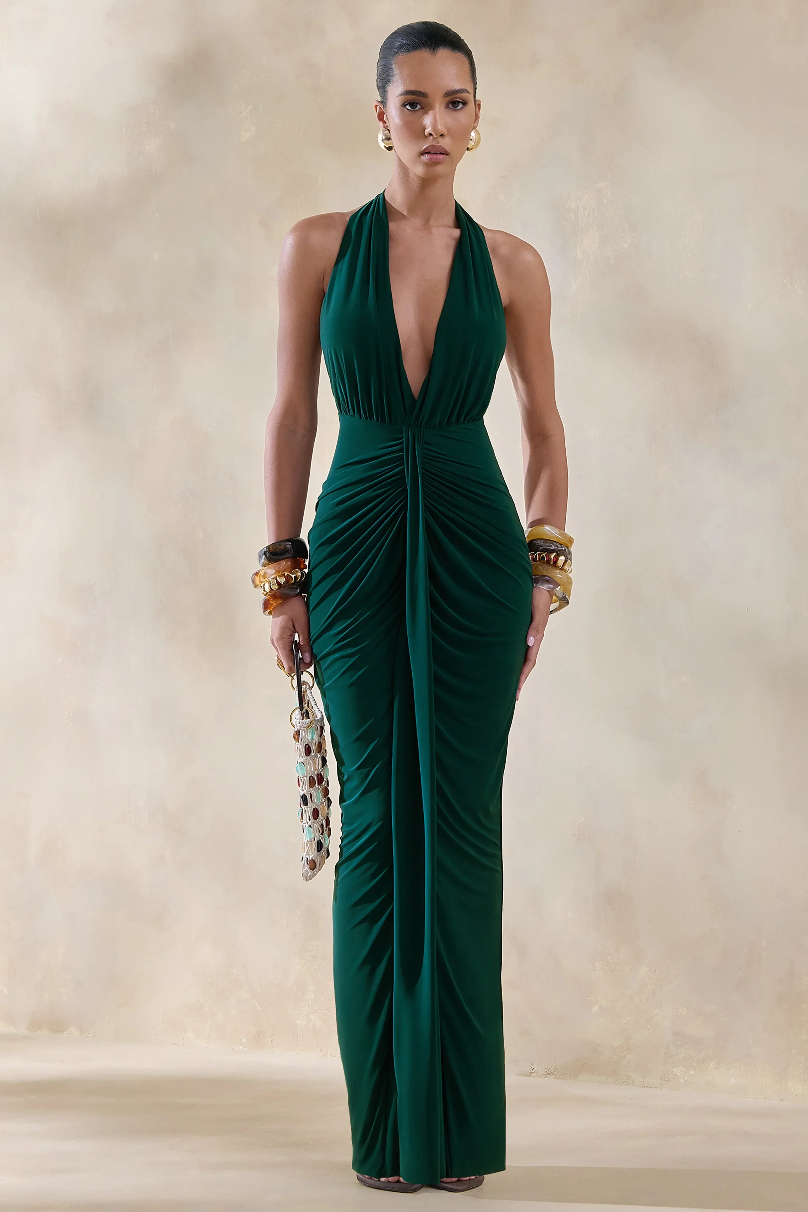 Lesley | Bottle Green Plunge-Neck Maxi Dress