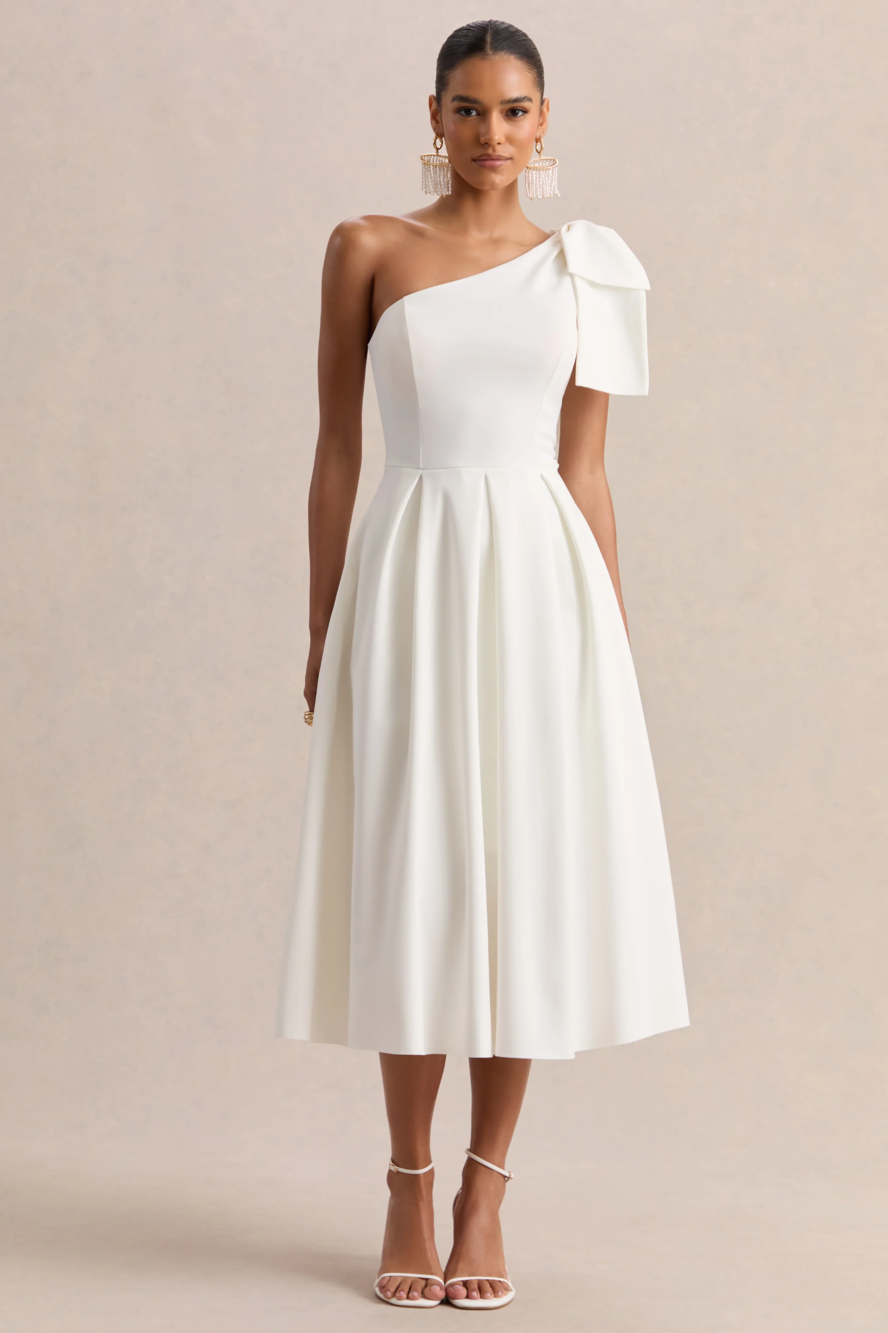 Meria | White Asymmetric-Neck Midi Dress With Bow-Sleeve