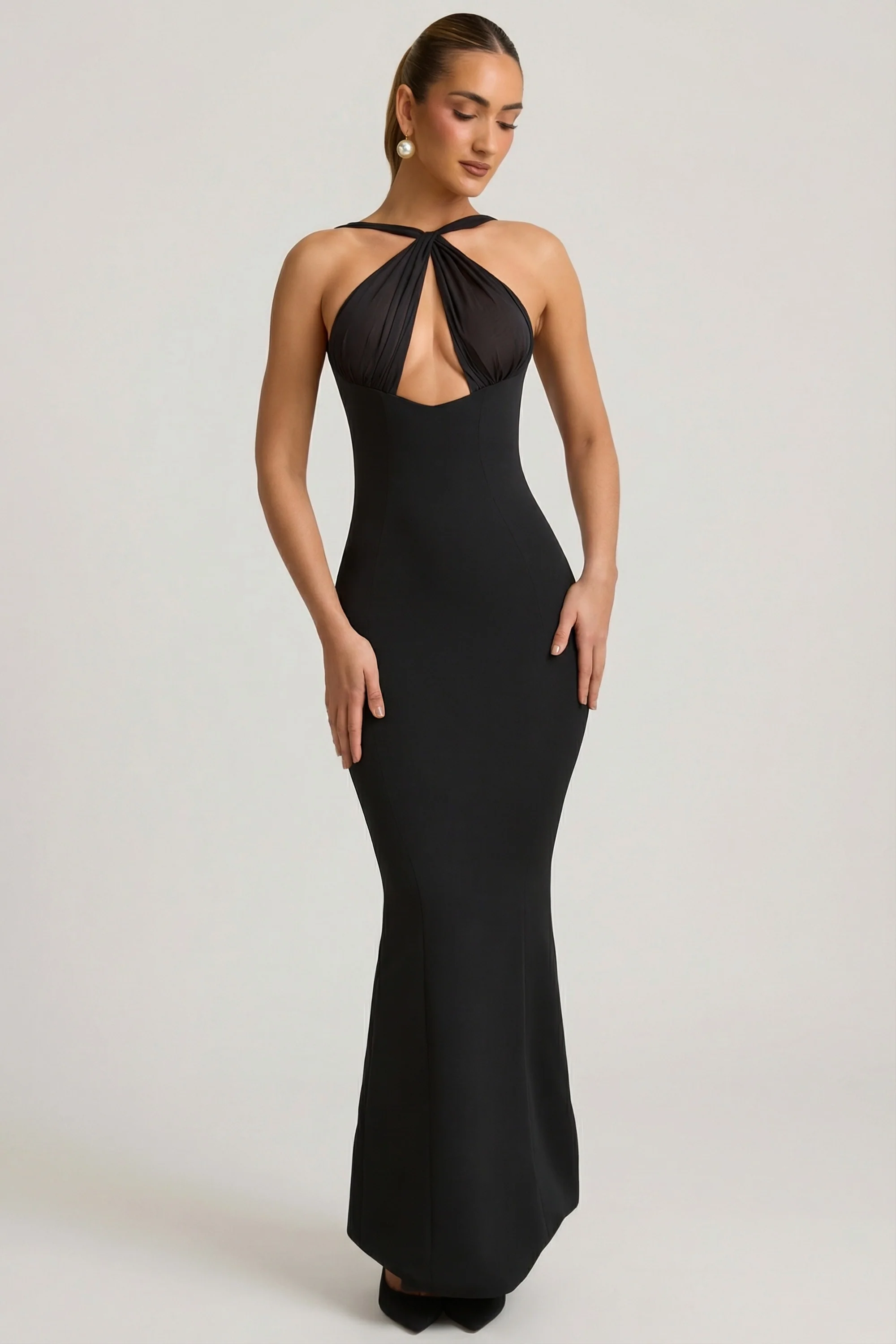 Pearl-Detail Halterneck Maxi Dress in Black
