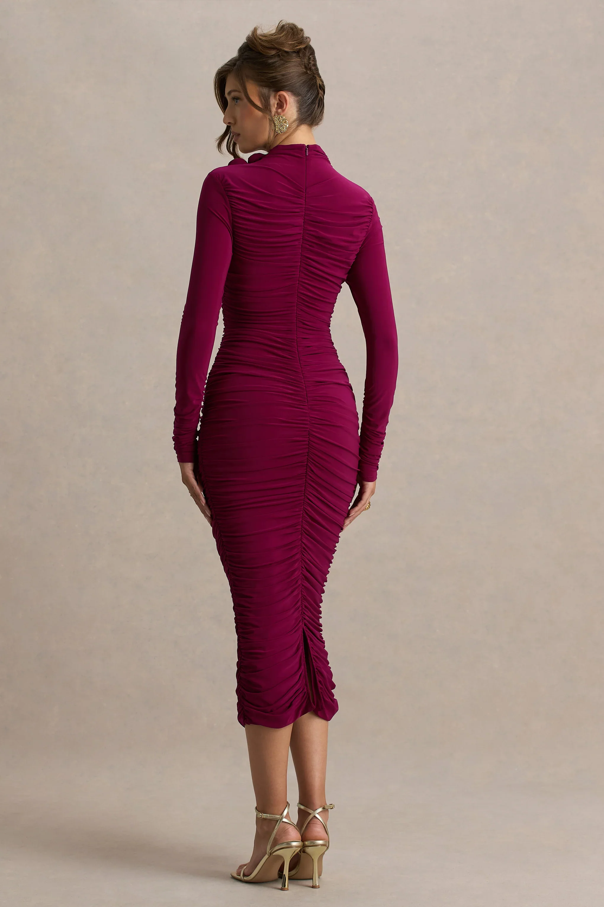Tamara | Burgundy Long-Sleeve Ruched Midi Dress