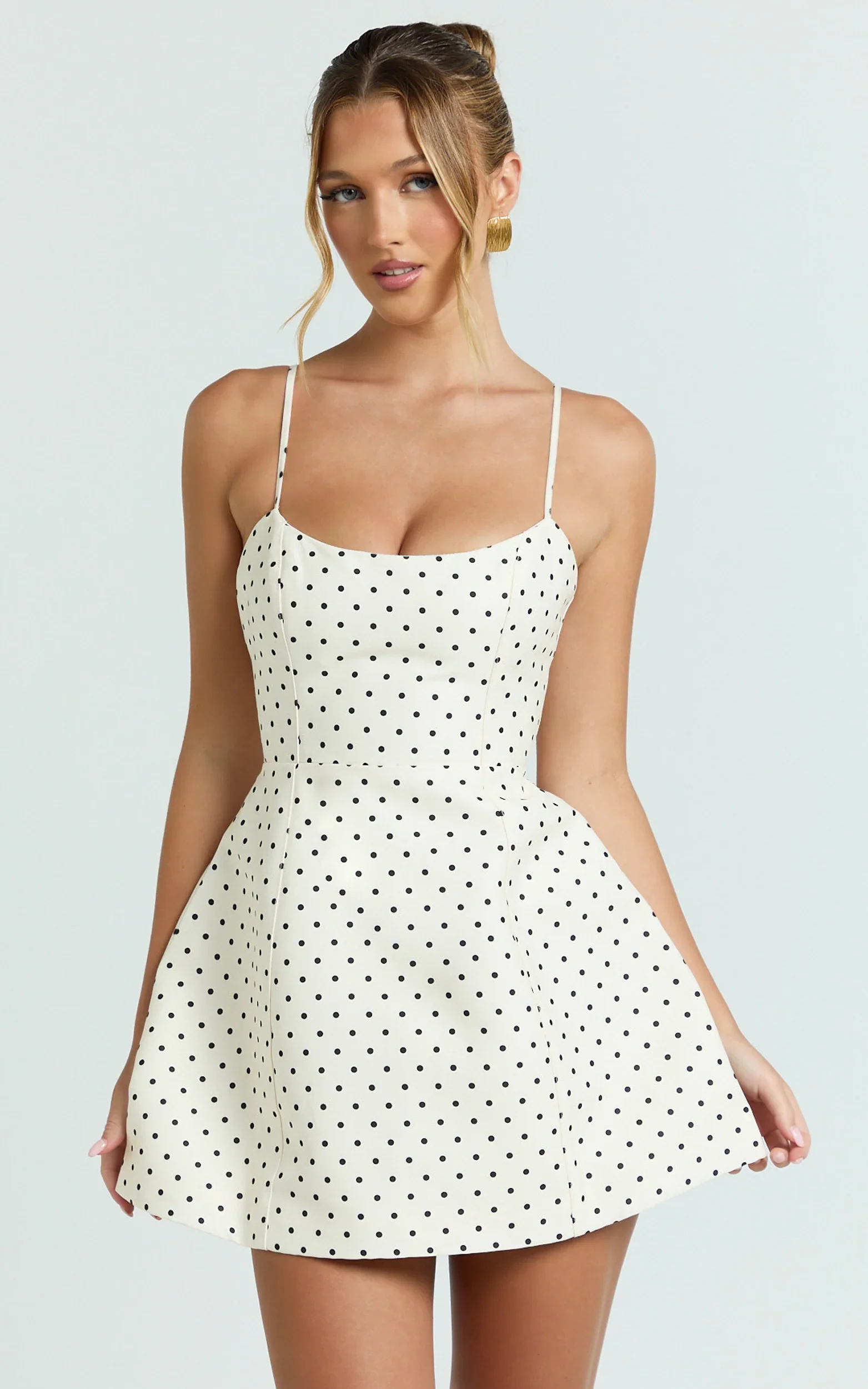 Carolina Mini Dress - Scoop Neck Panel Bodice Dress in White Polka Dot
