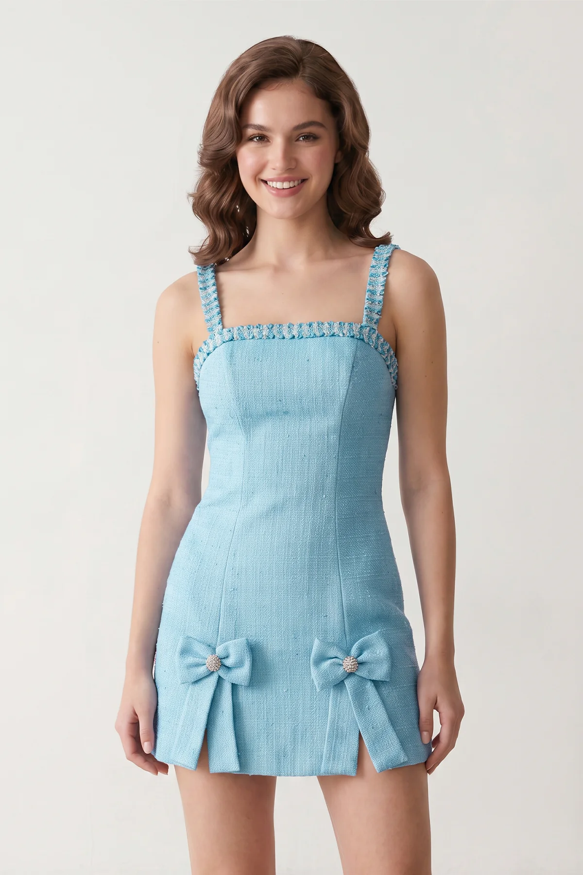 Pink Spaghetti Straps Beaded Sheath Homecoming Dress With Bows