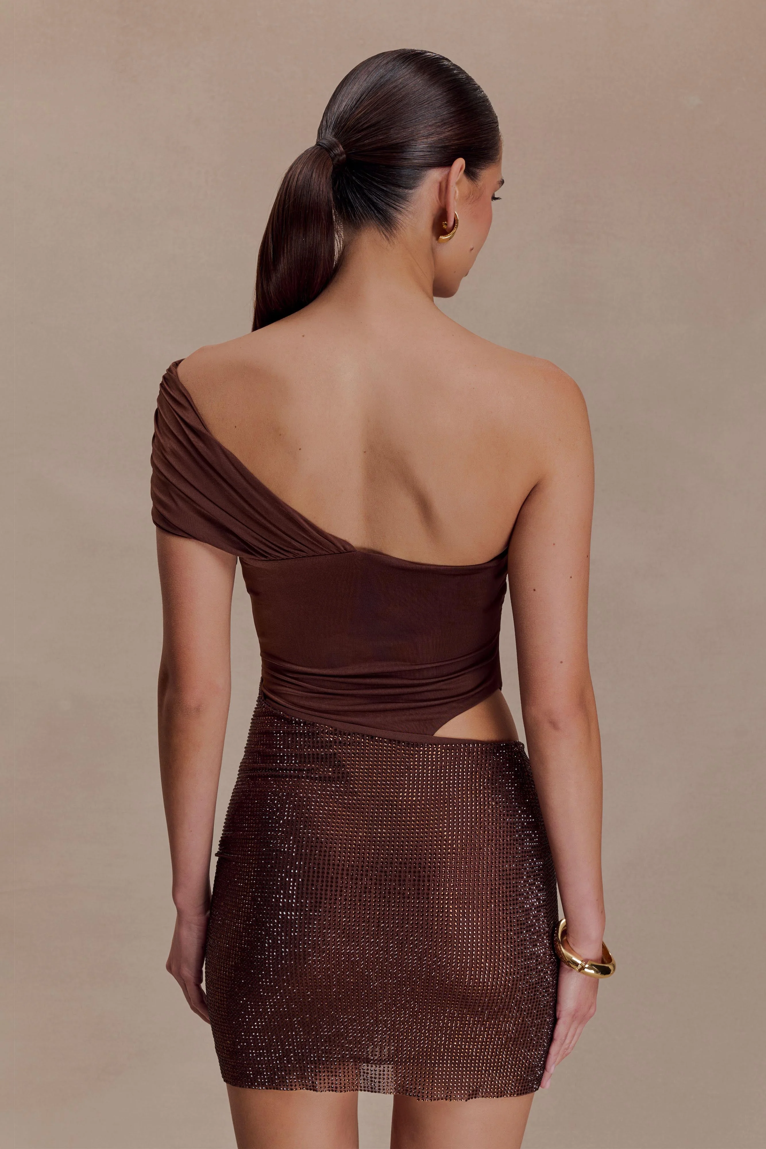 Paisley Slinky And Diamante Mini Dress - Chocolate