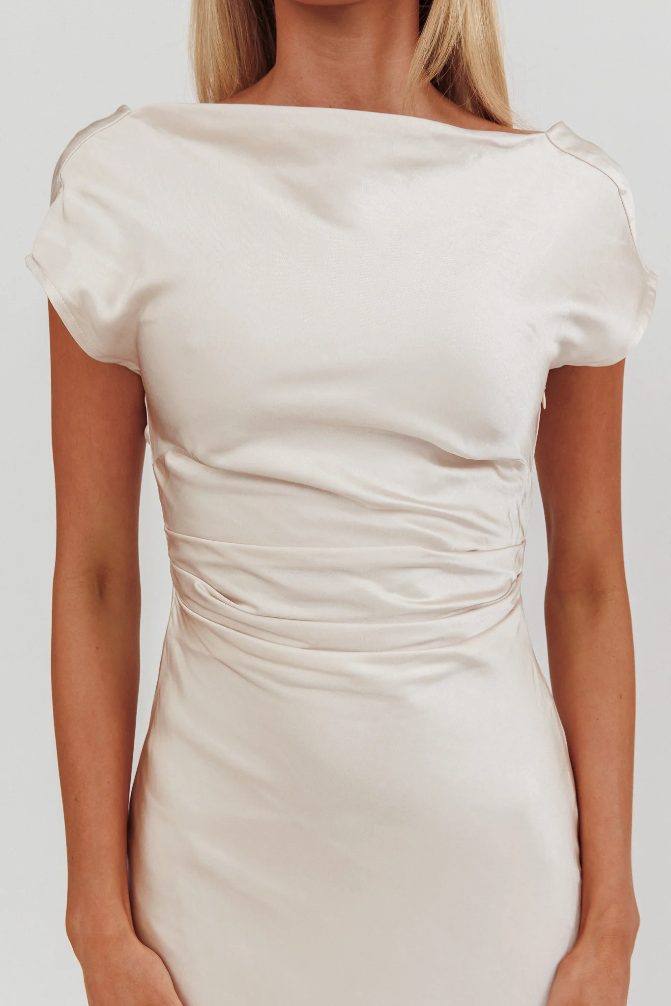 Loveland Cap Sleeve Cowl Back Midi Dress Champagne - luluinthesky