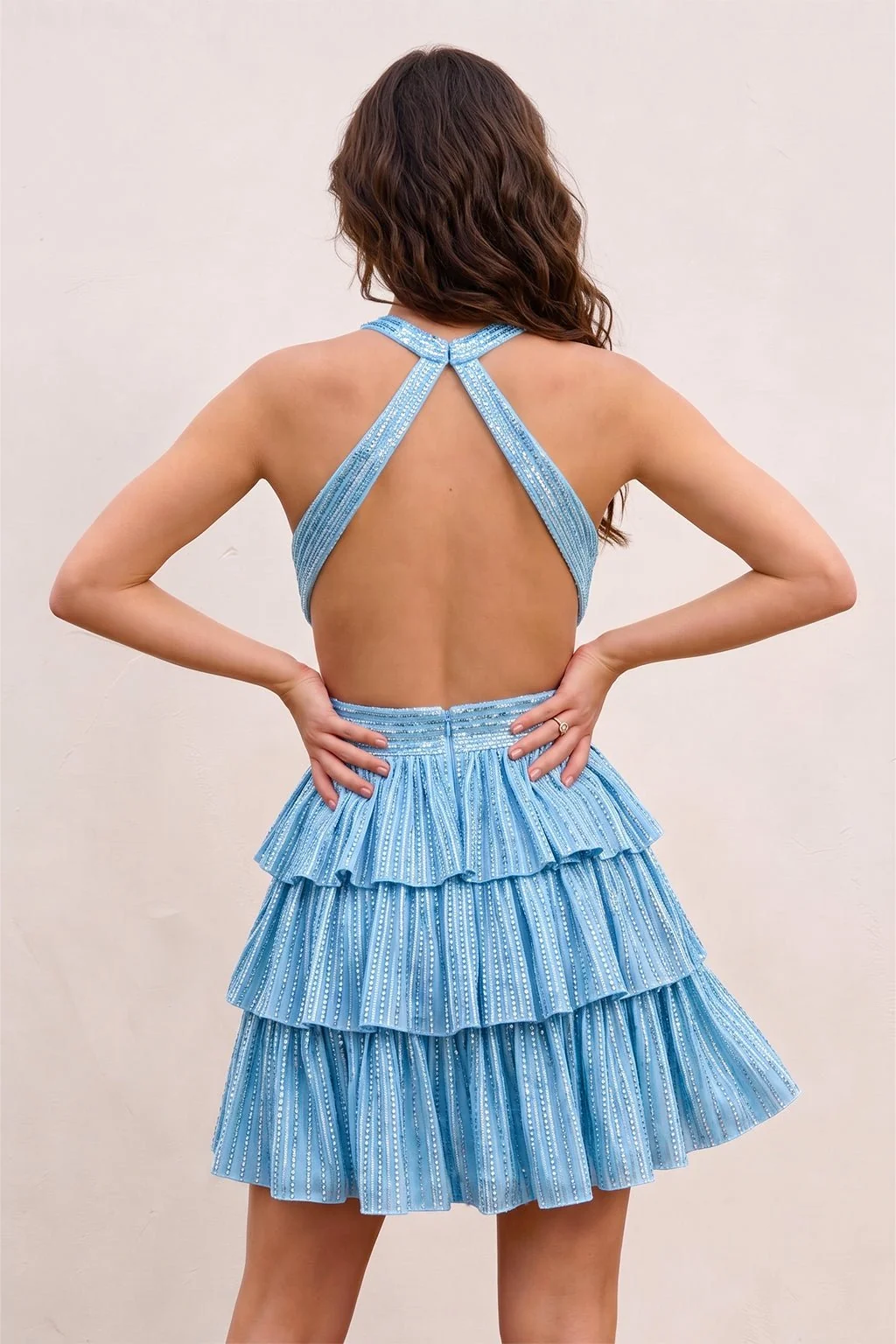 Royal Blue V Neck A Line Cutout Satin Tiered Homecoming Dress With Beading