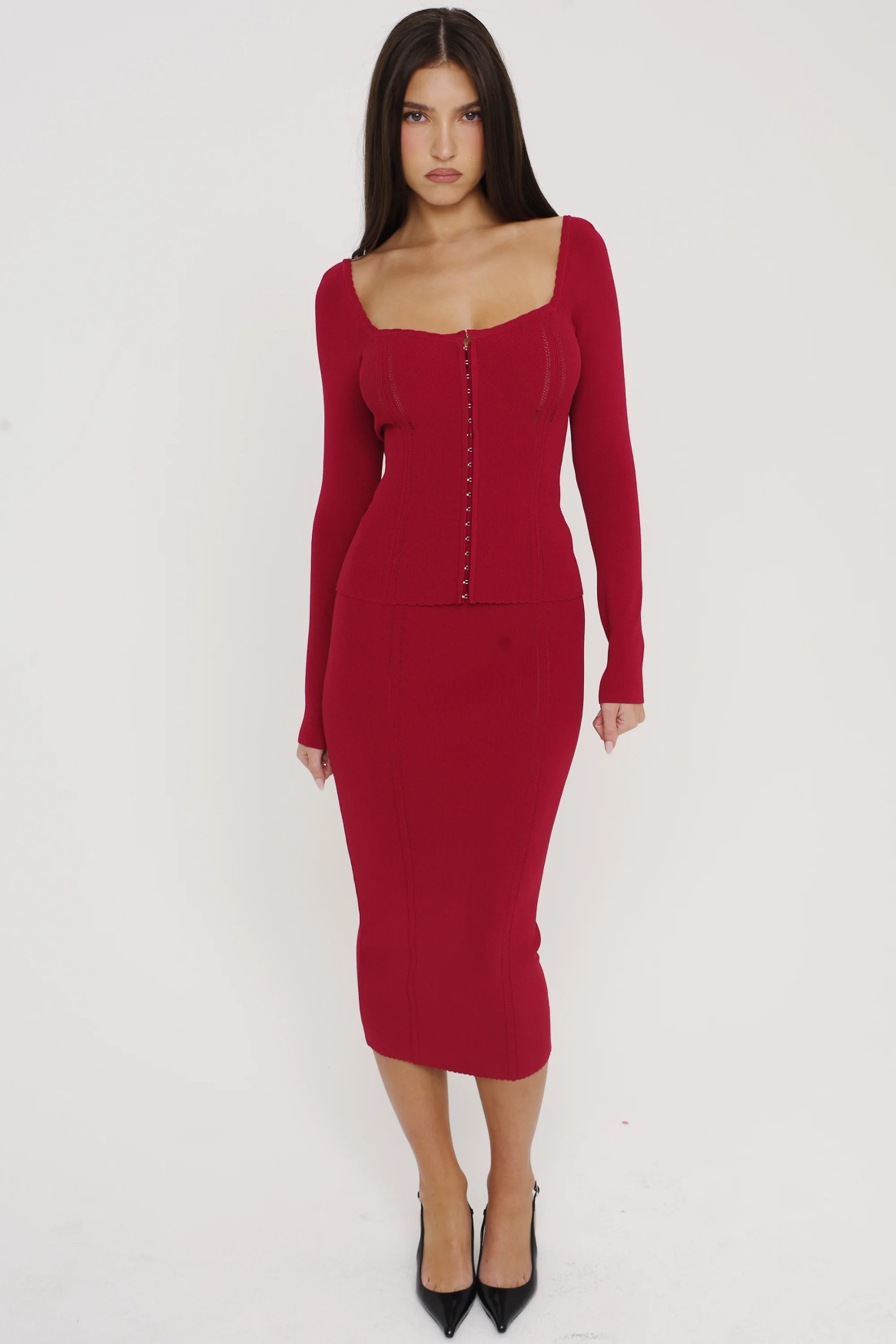 Red Bodycon Knitted Midi Skirt