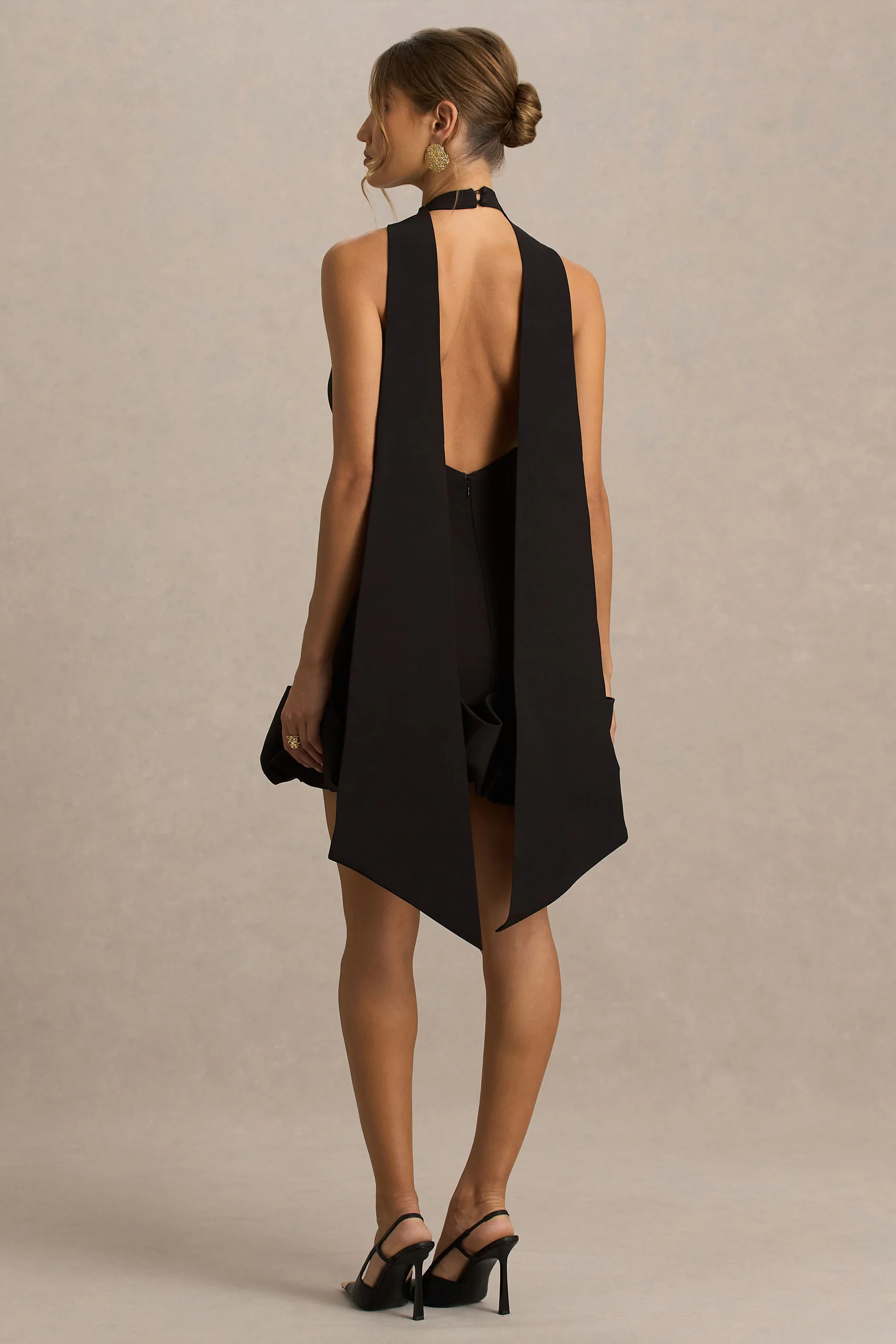 Geneve | Black Halter-Neck Mini Dress With Ruffled Trim