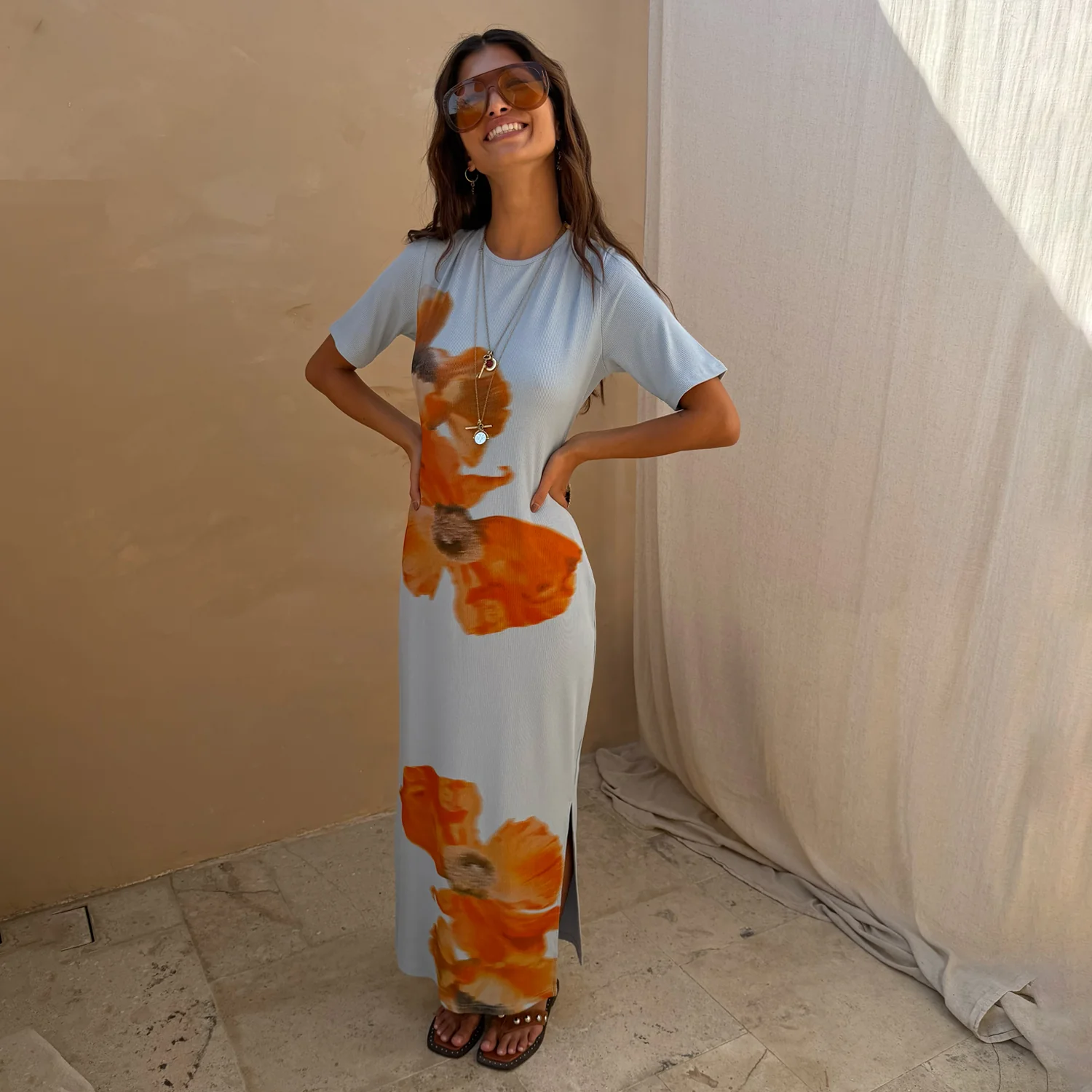 Ice Blue Floral Rib Dress