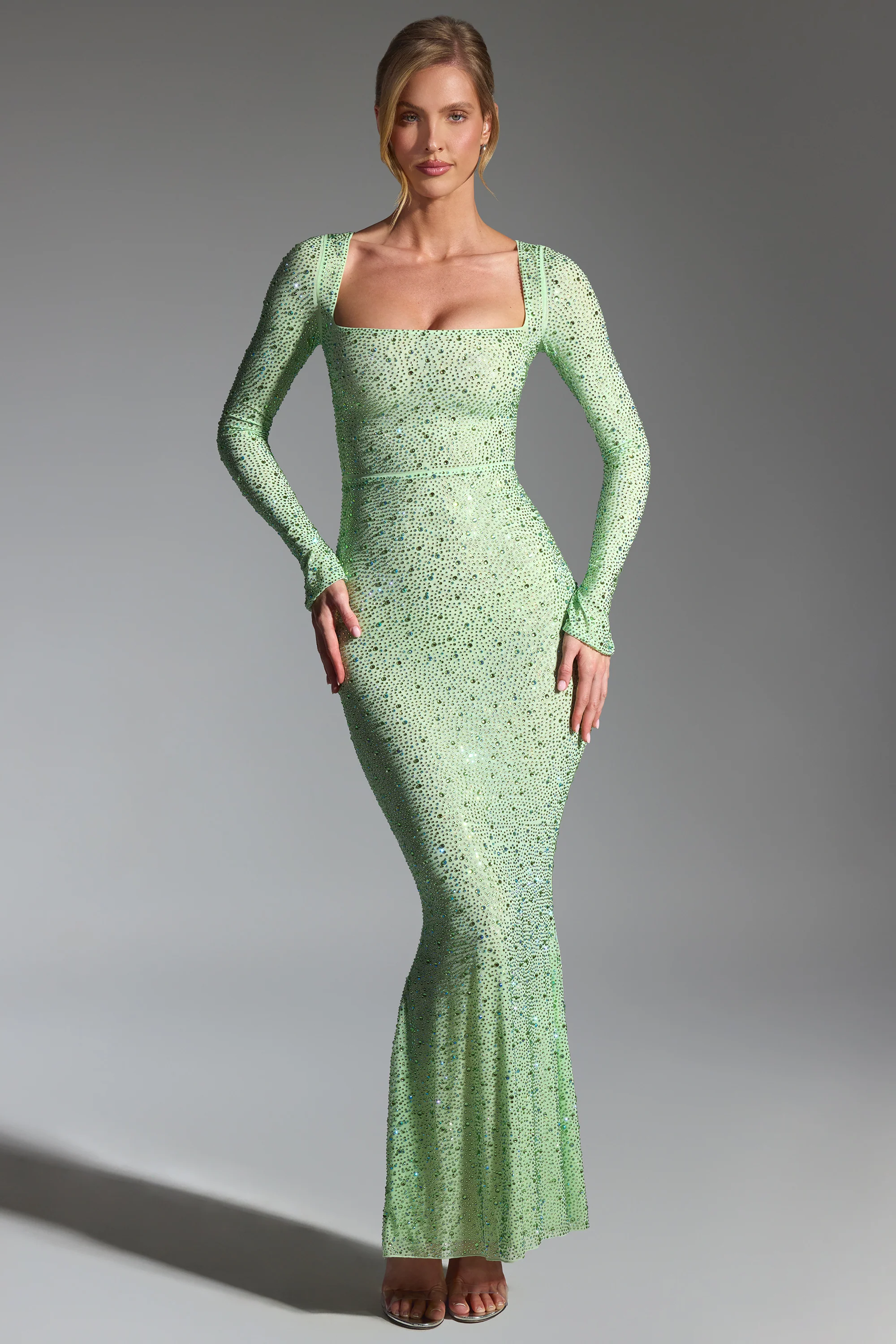Embellished Long-Sleeve Fishtail Maxi Dress in Pistachio