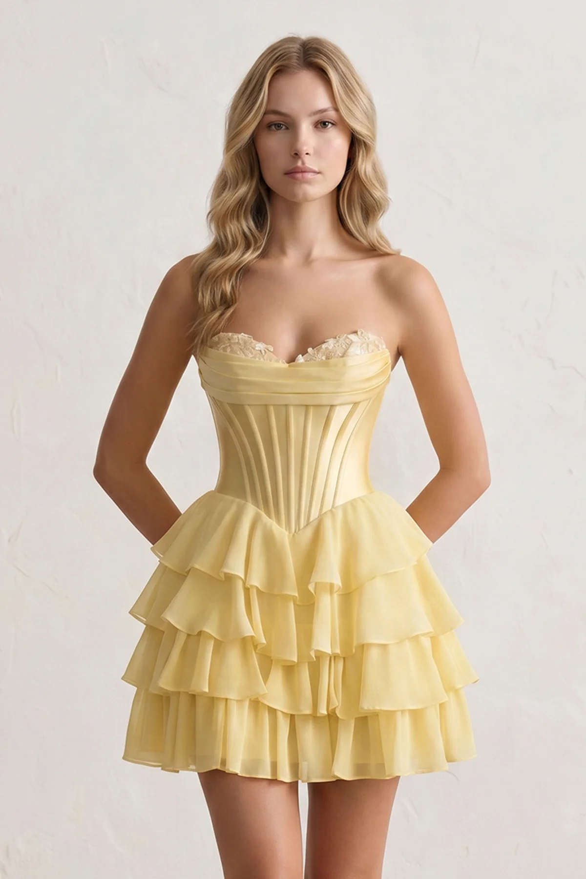 Yellow A-Line Sweetheart Corset Ruffle Homecoming Dress With Applique