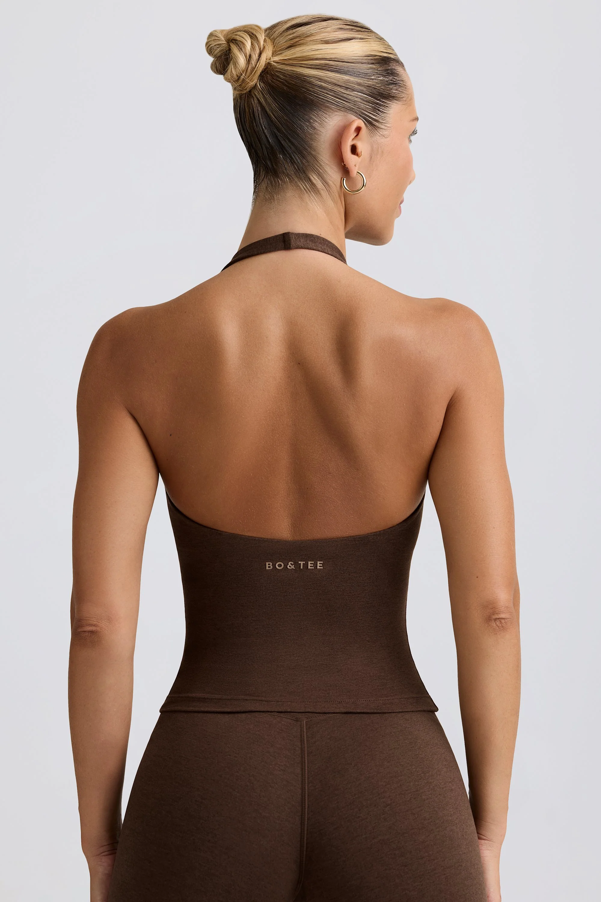 Halterneck Open-Back Tank Top in Pecan Marl