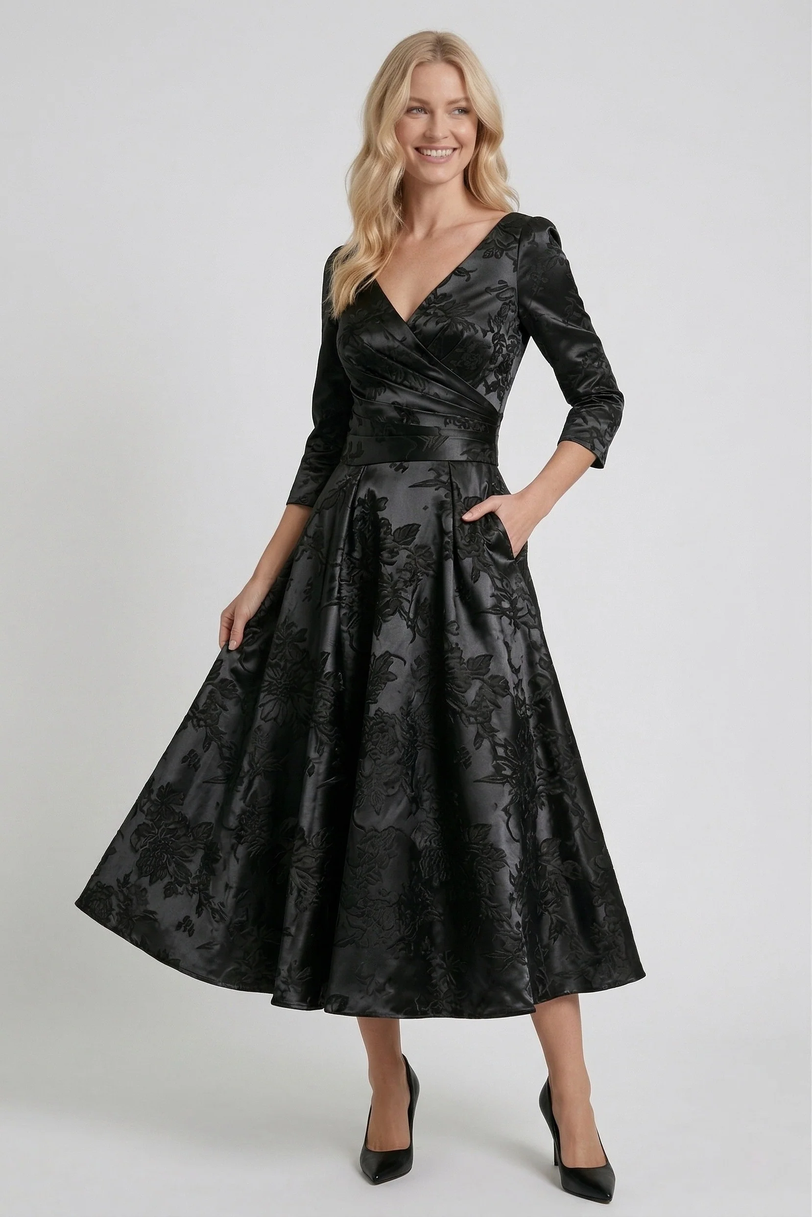 A-Line Tea-Length Jacquard Mother of the Bride Dress CM0415
