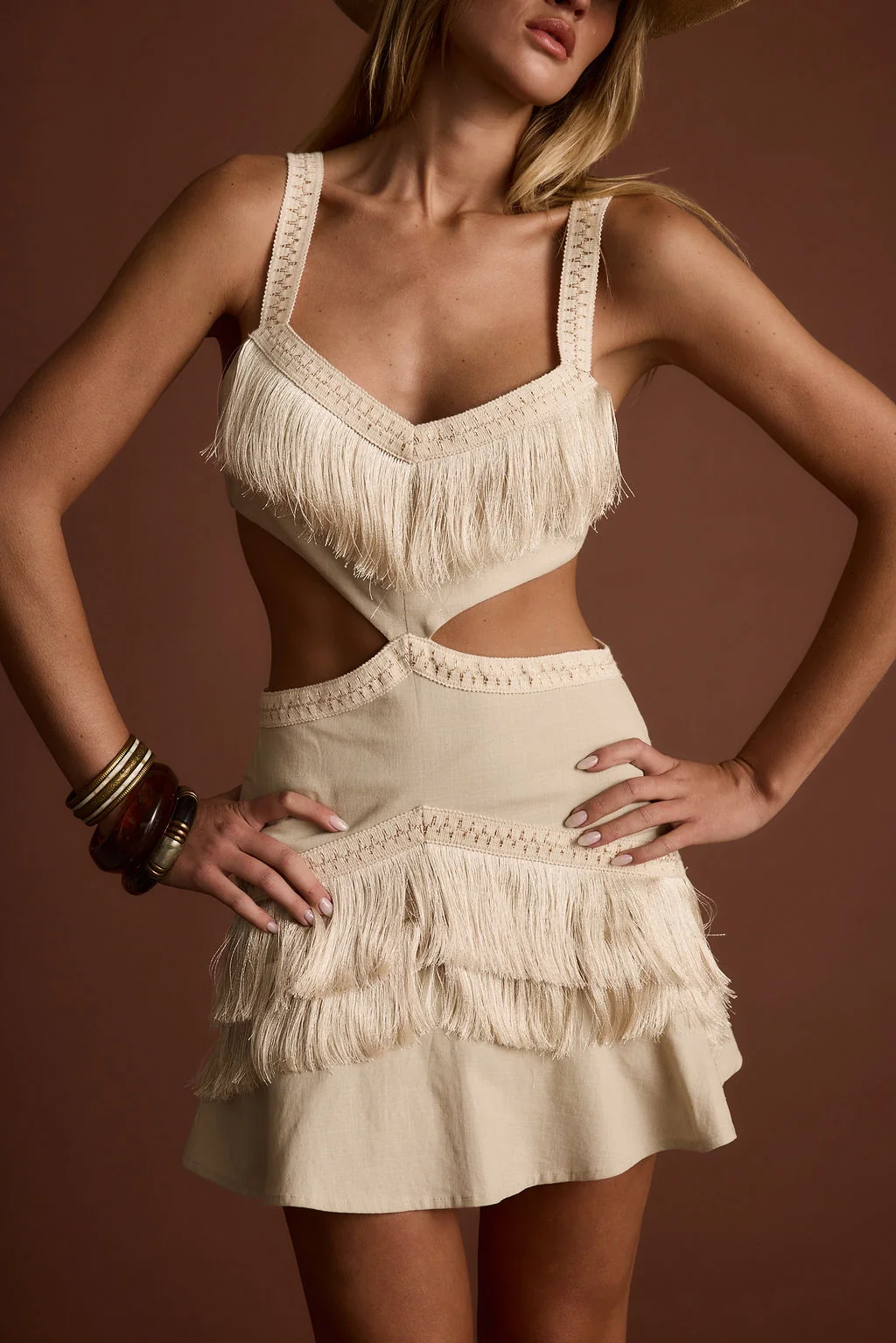 Haven Ivory Fringe Cutout Mini Dress