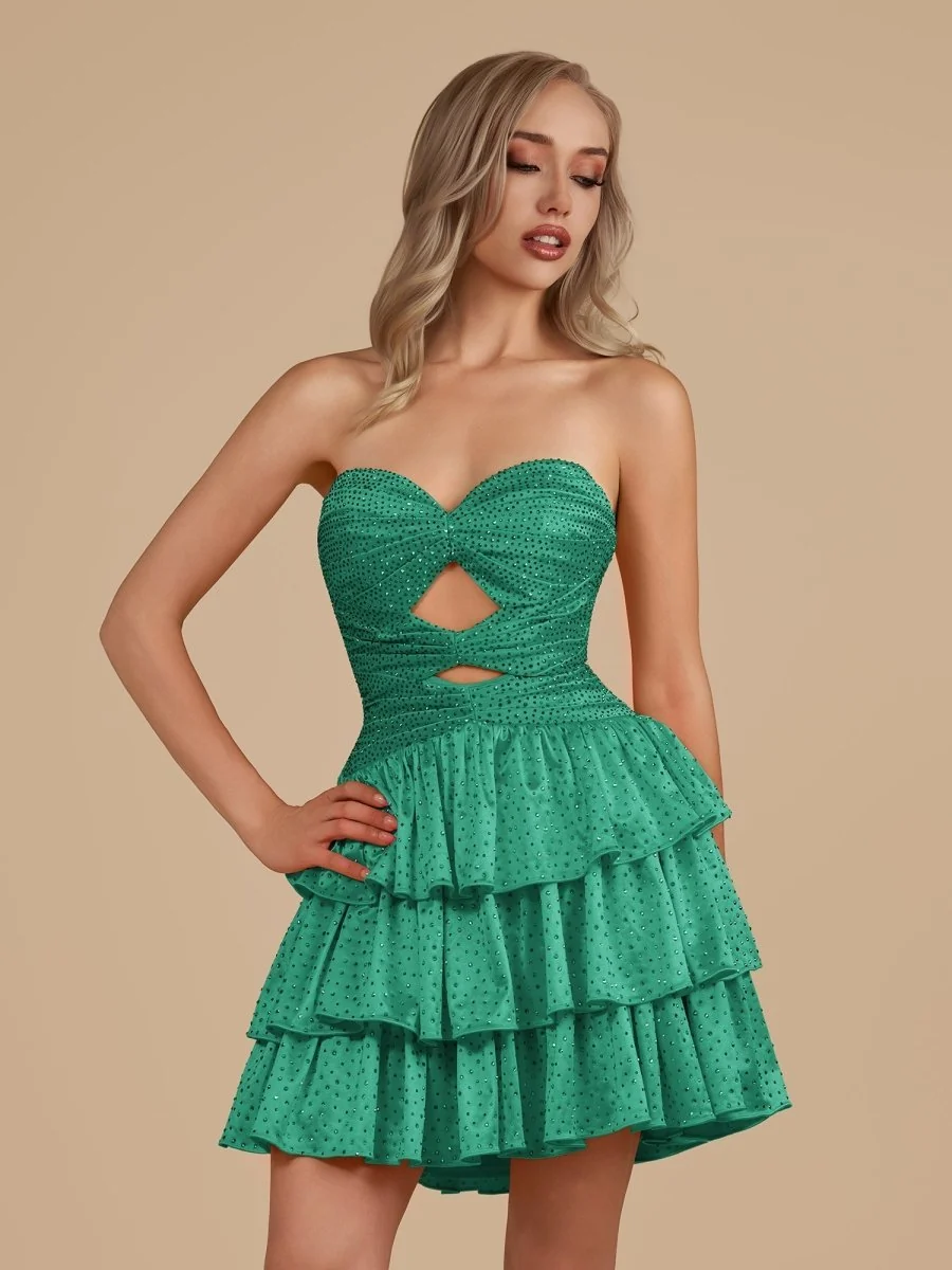 Royal Blue A Line Sweetheart Satin Cut Out Ruffled Homecoming Dresses with Beads