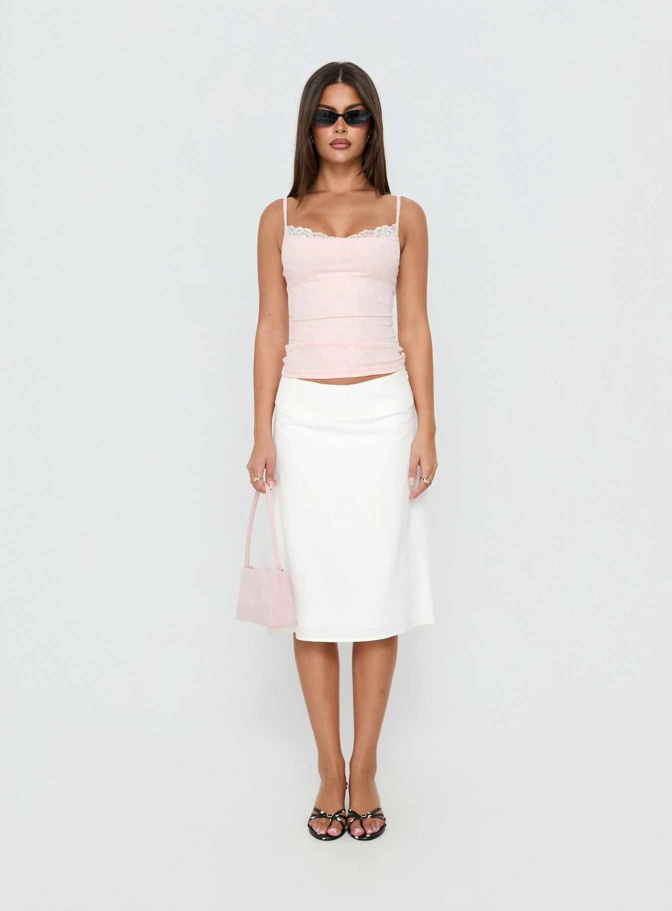 Spring To Summer Lace Trim Cami Top Pink Polka Dot