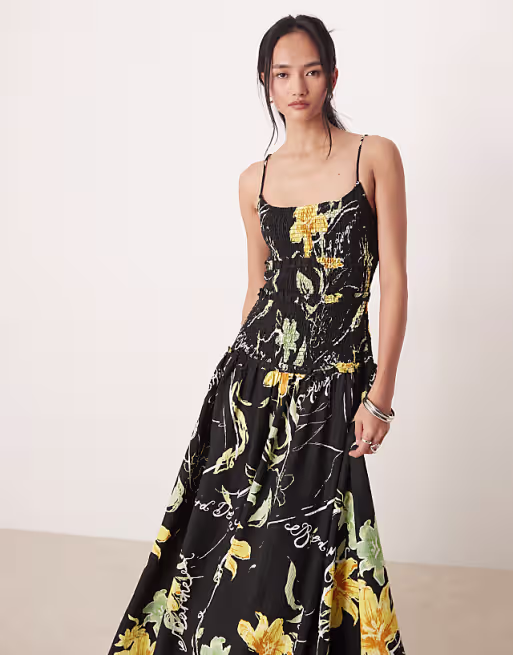 crinkle maxi sundress with shirred dropped waist in oversized floral print