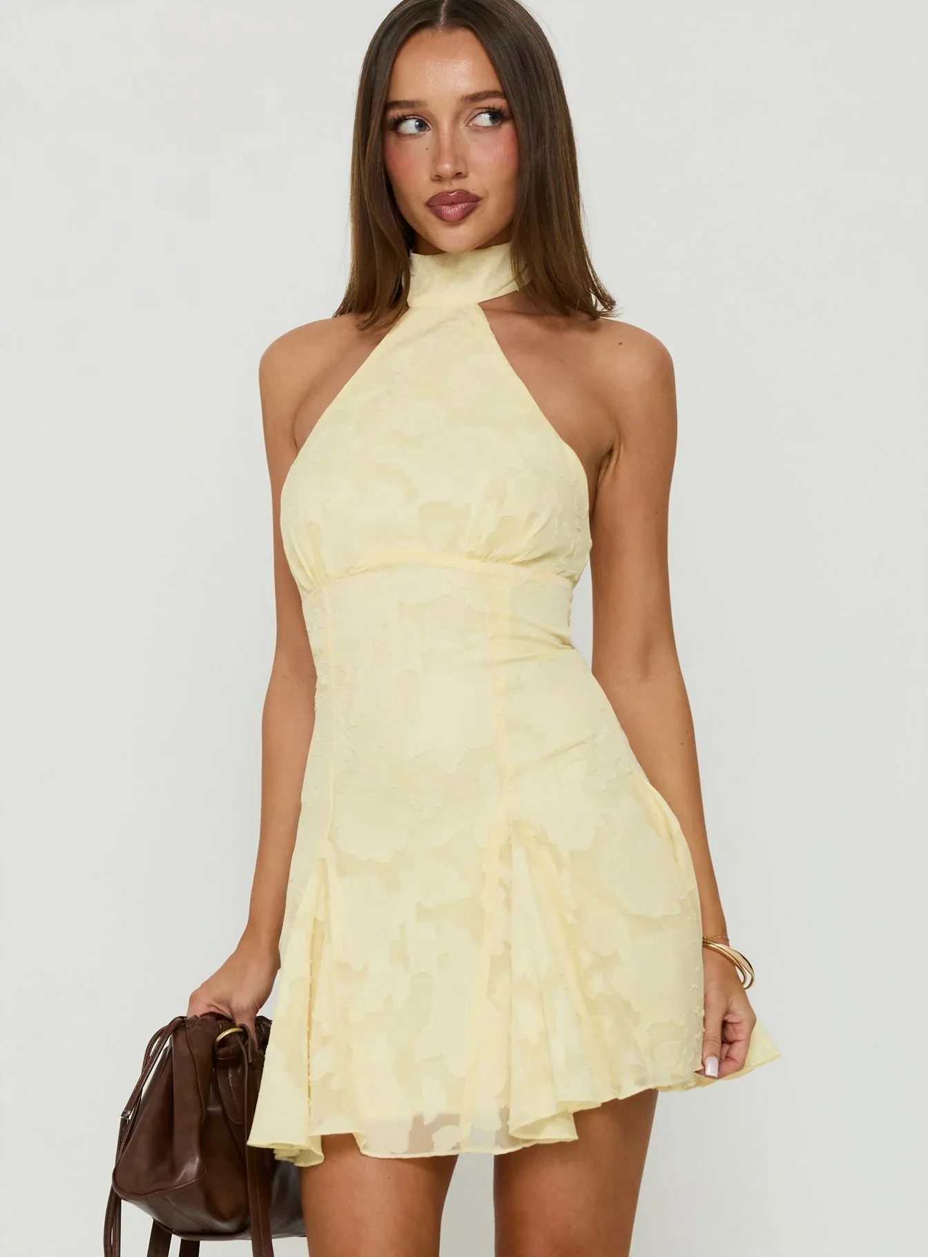 Bellanca Halter Pleat Mini Dress Butter Yellow Burnout