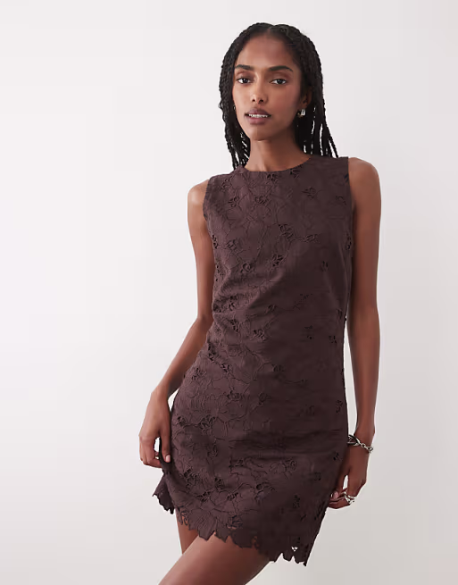 Mango cotton mix sleeveless embroidered mini dress in brown