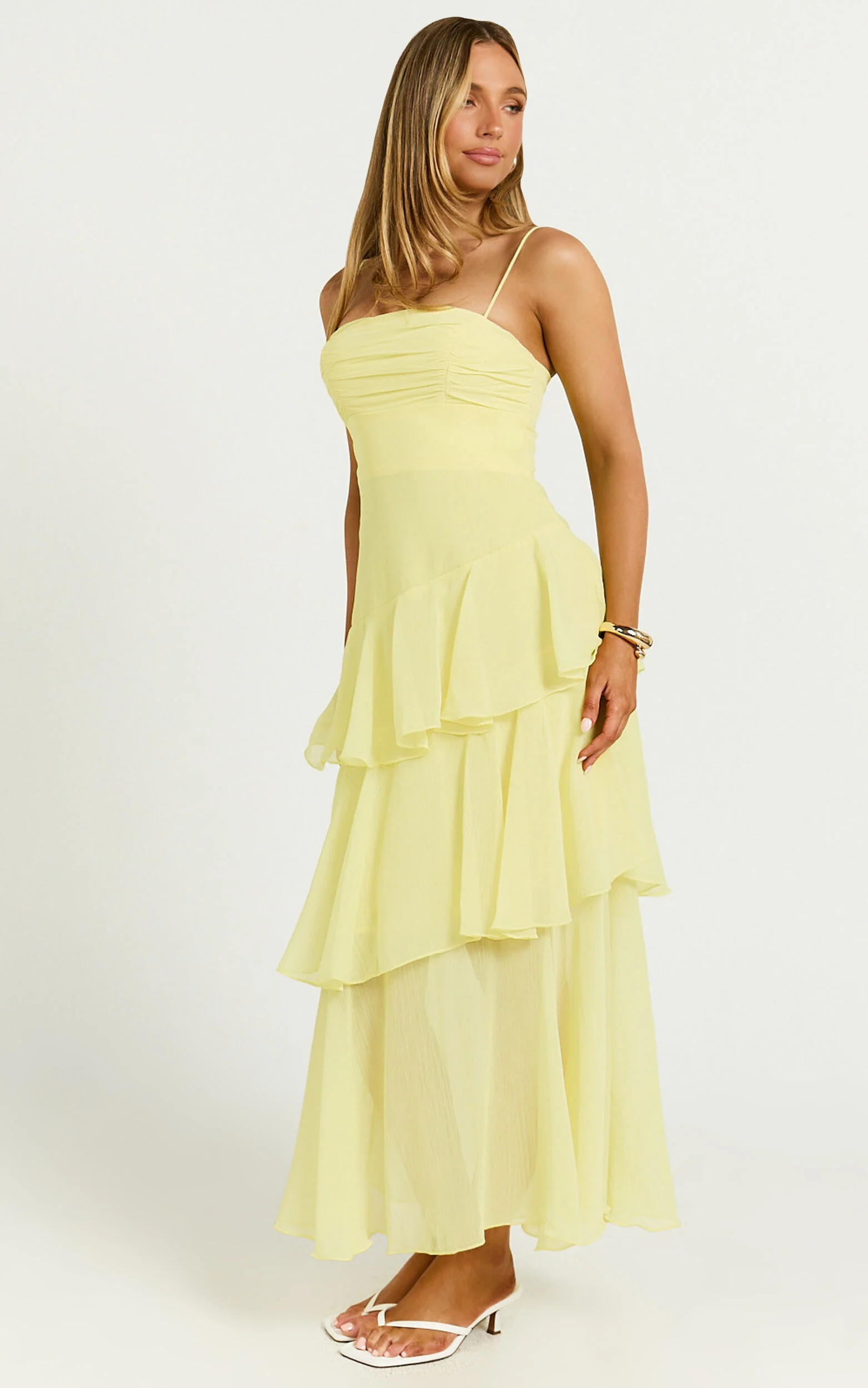 Johanna Midi Dress - Straight Neck Tiered Dress in Lemon