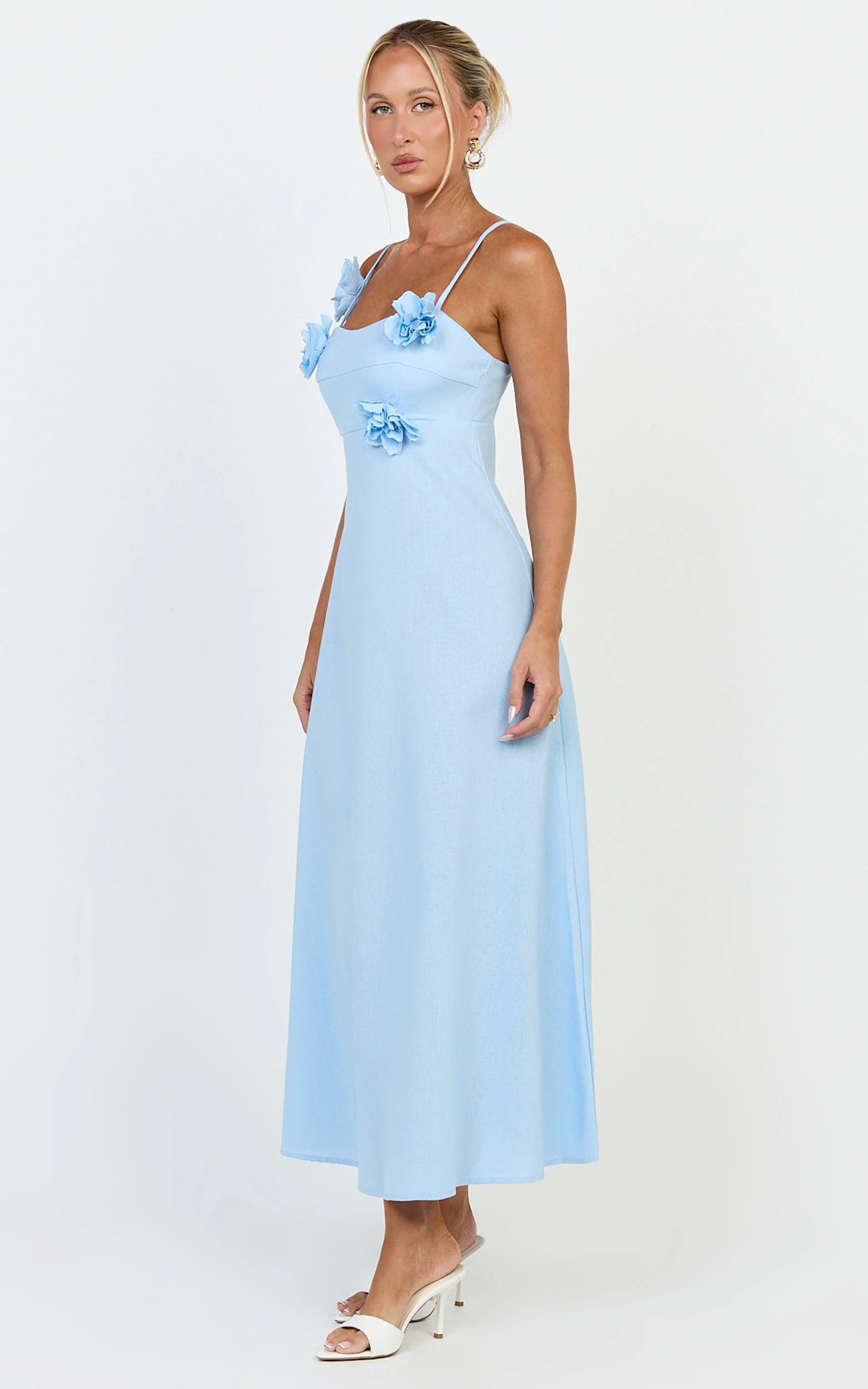 Ondine Midi Dress - 3D Flower Strappy Dress in Blue