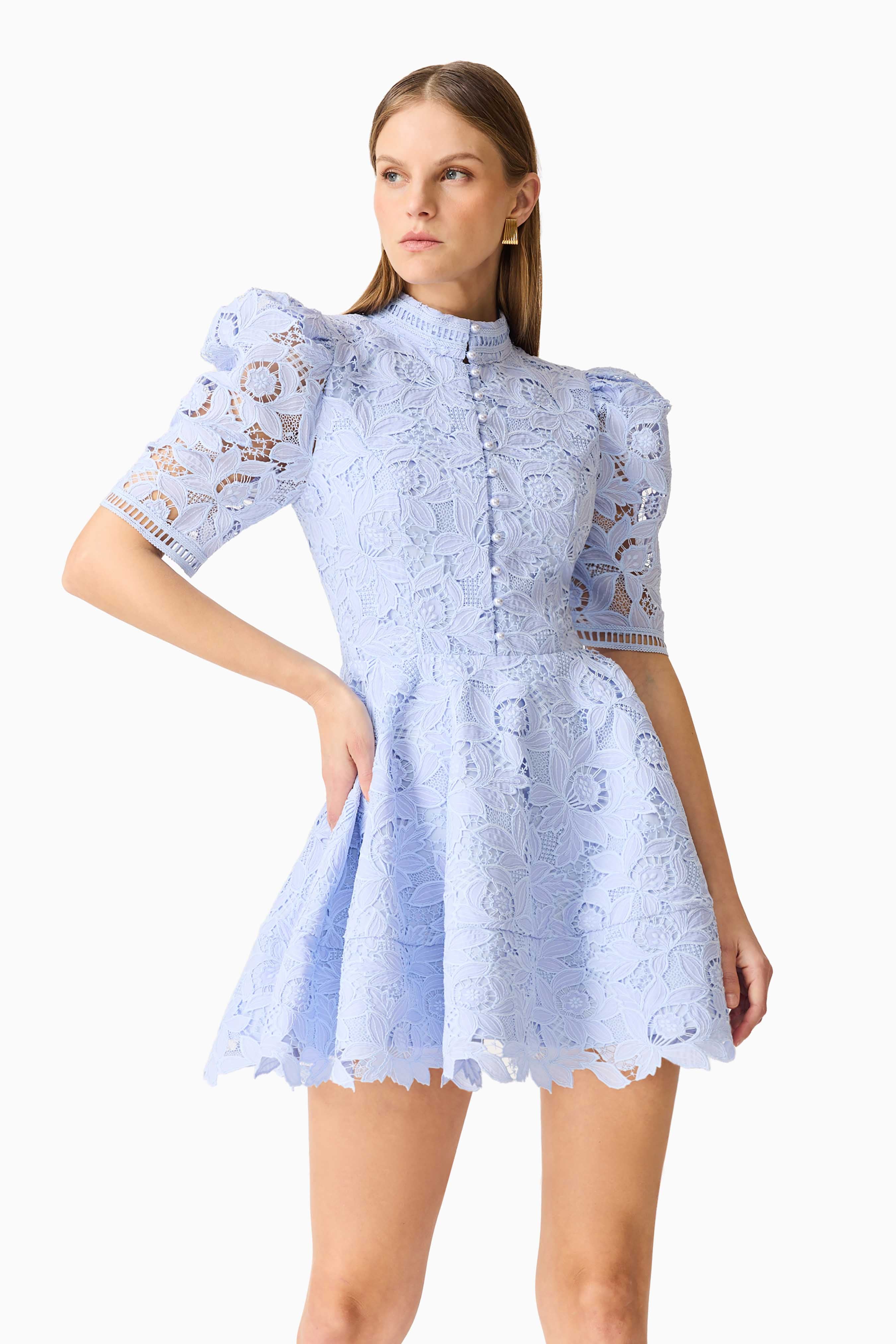 Lacy Puff Sleeve Mini Dress in Powder Blue