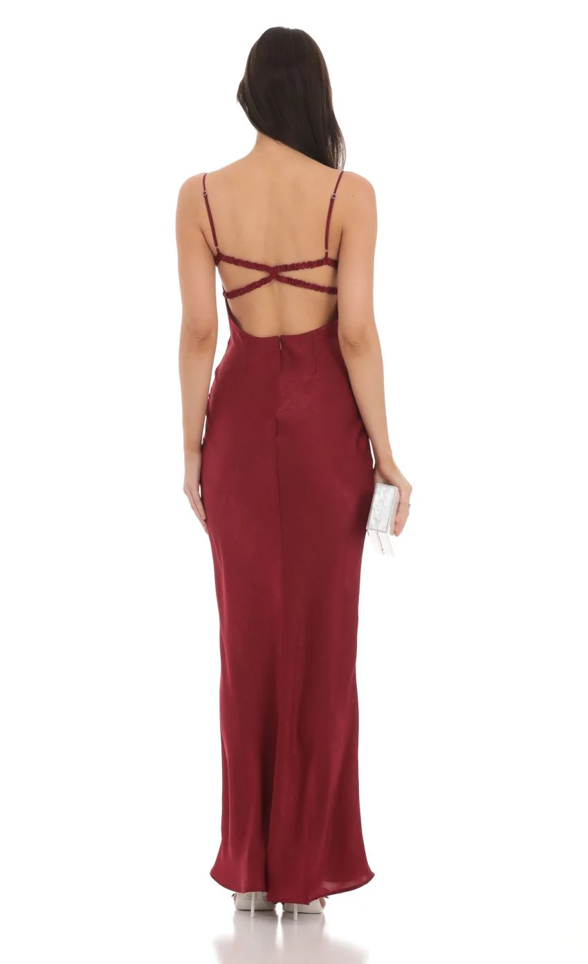 Satin Open Back Maxi Dress in Red