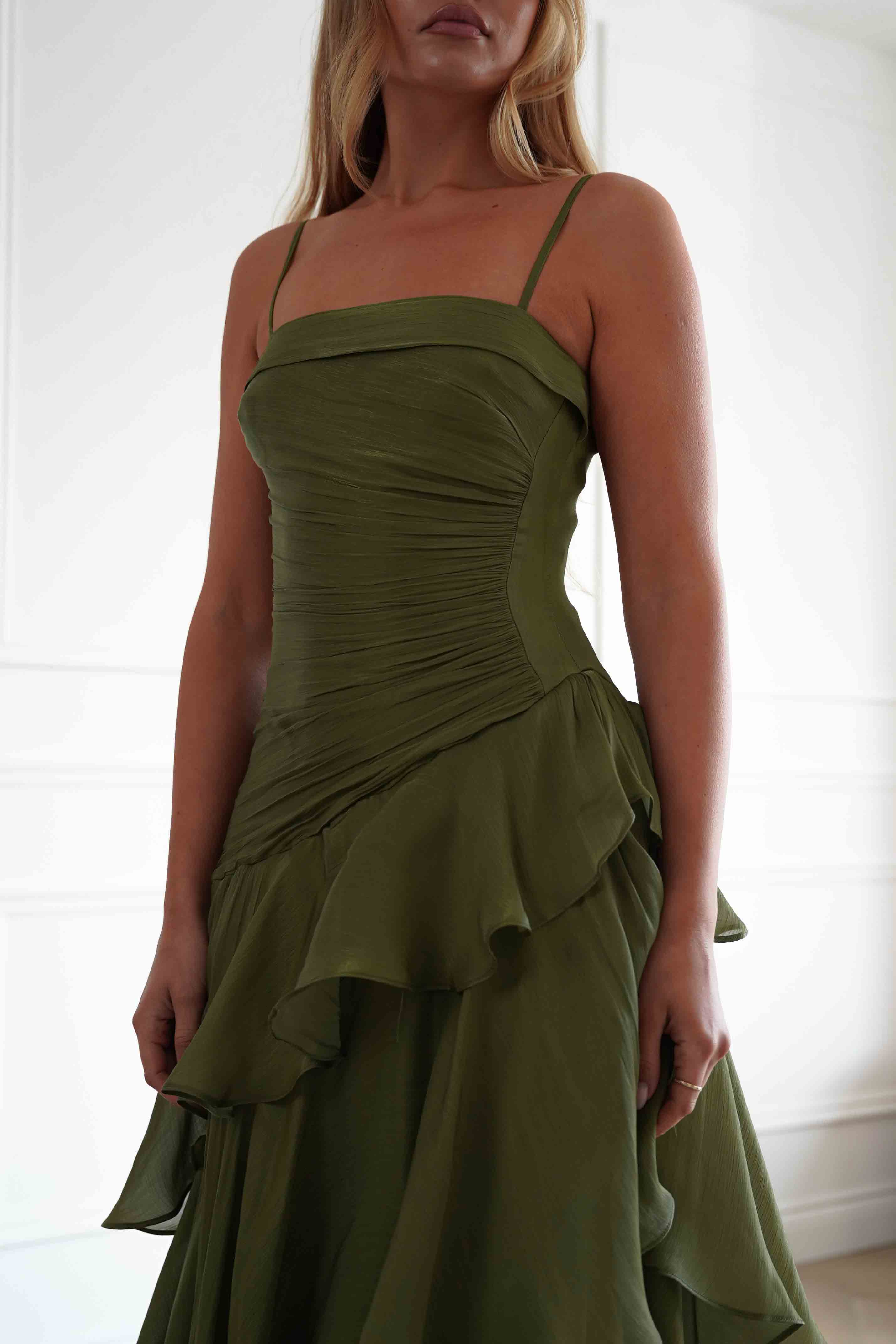 Renee Luminescent Ruffle Maxi Dress | Olive