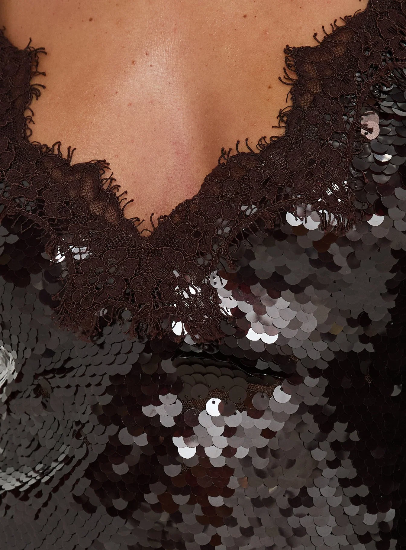 Thalina Sequin Deep V Lace Trim Mini Dress Chocolate - FASHION NOB