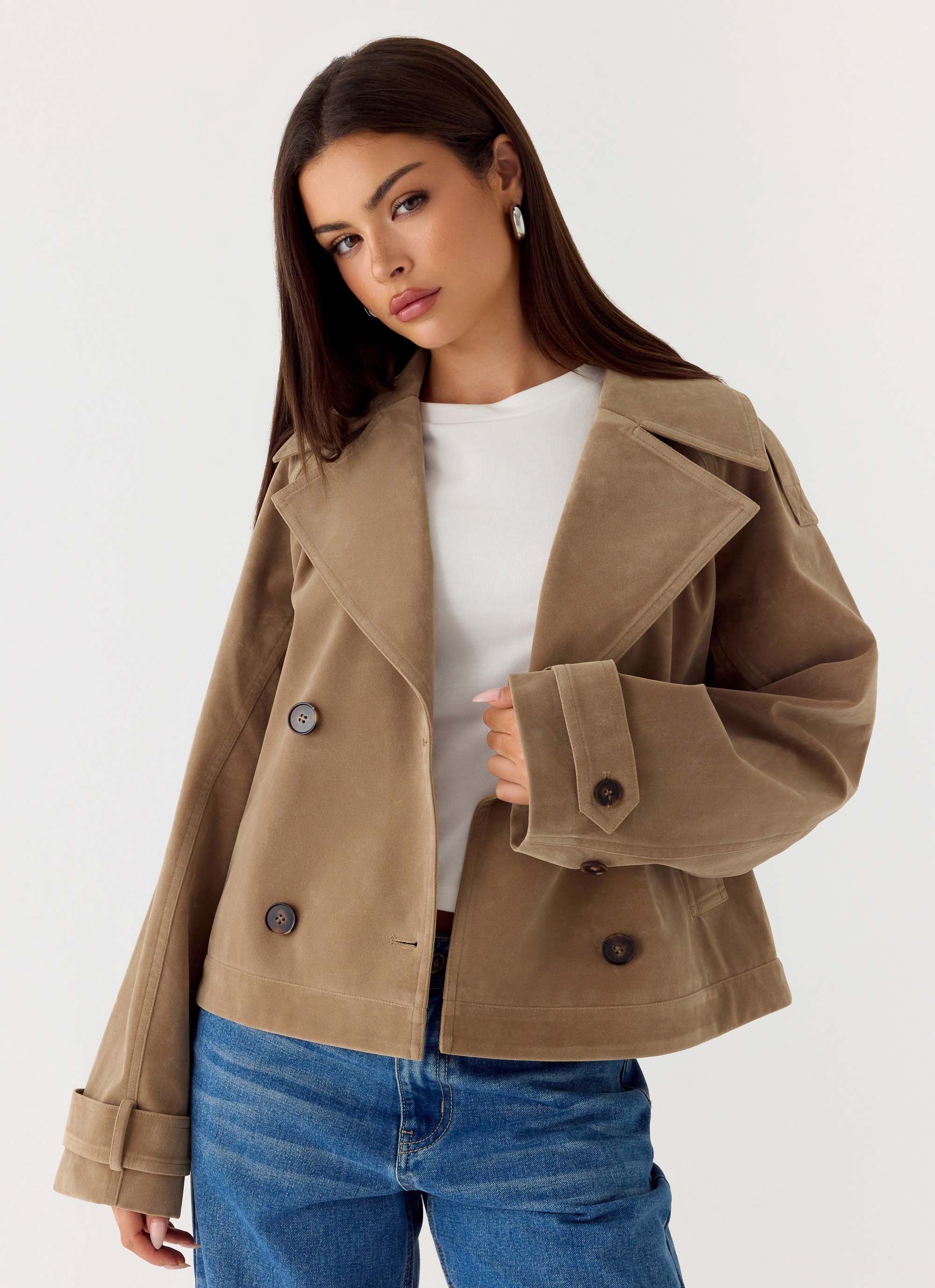 Evan Faux Suede Short Trench Jacket - Tan