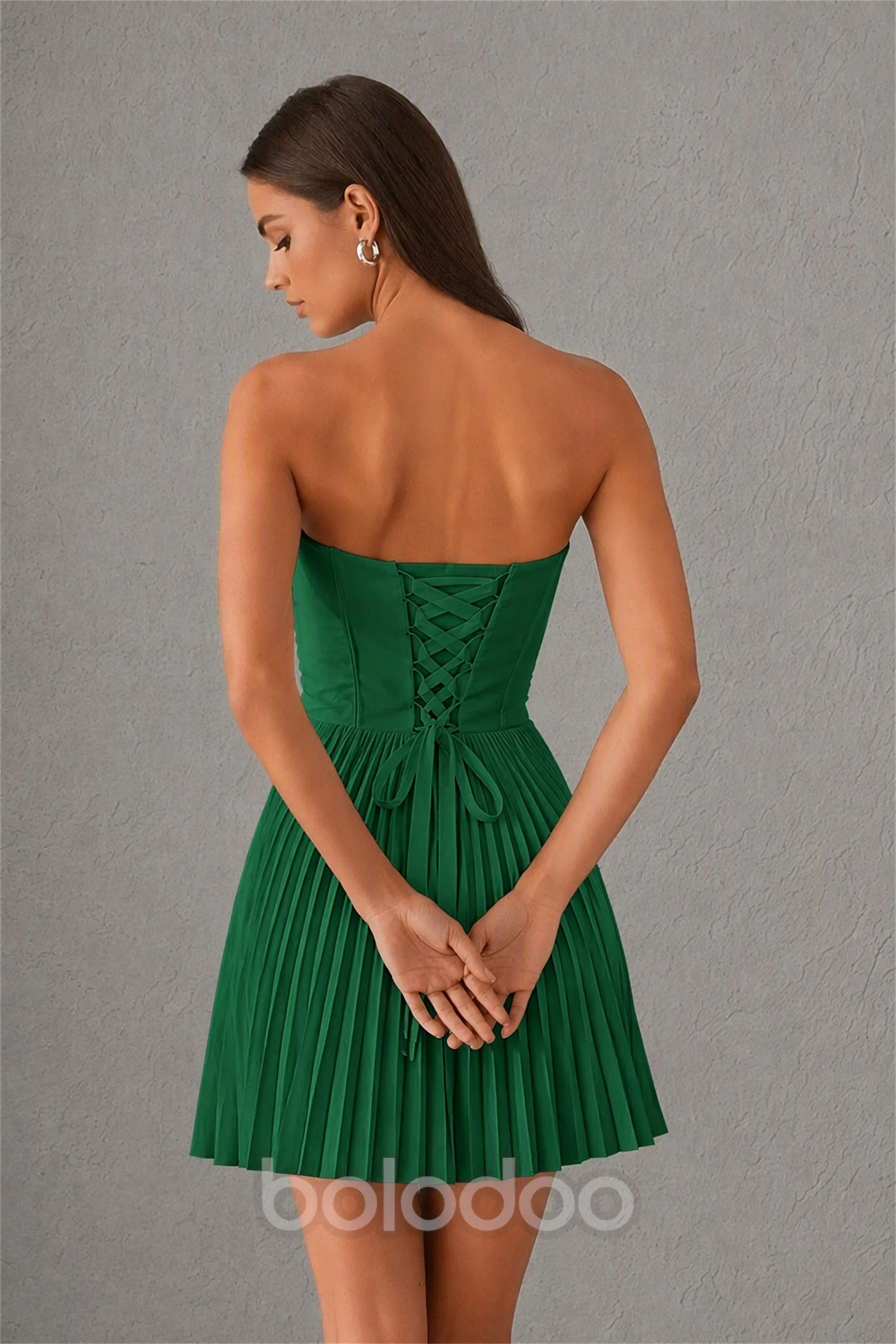 BOLODOO Emerald Green Strapless Sweetheart Pleated Corset Mini Dress with Lace-Up Back