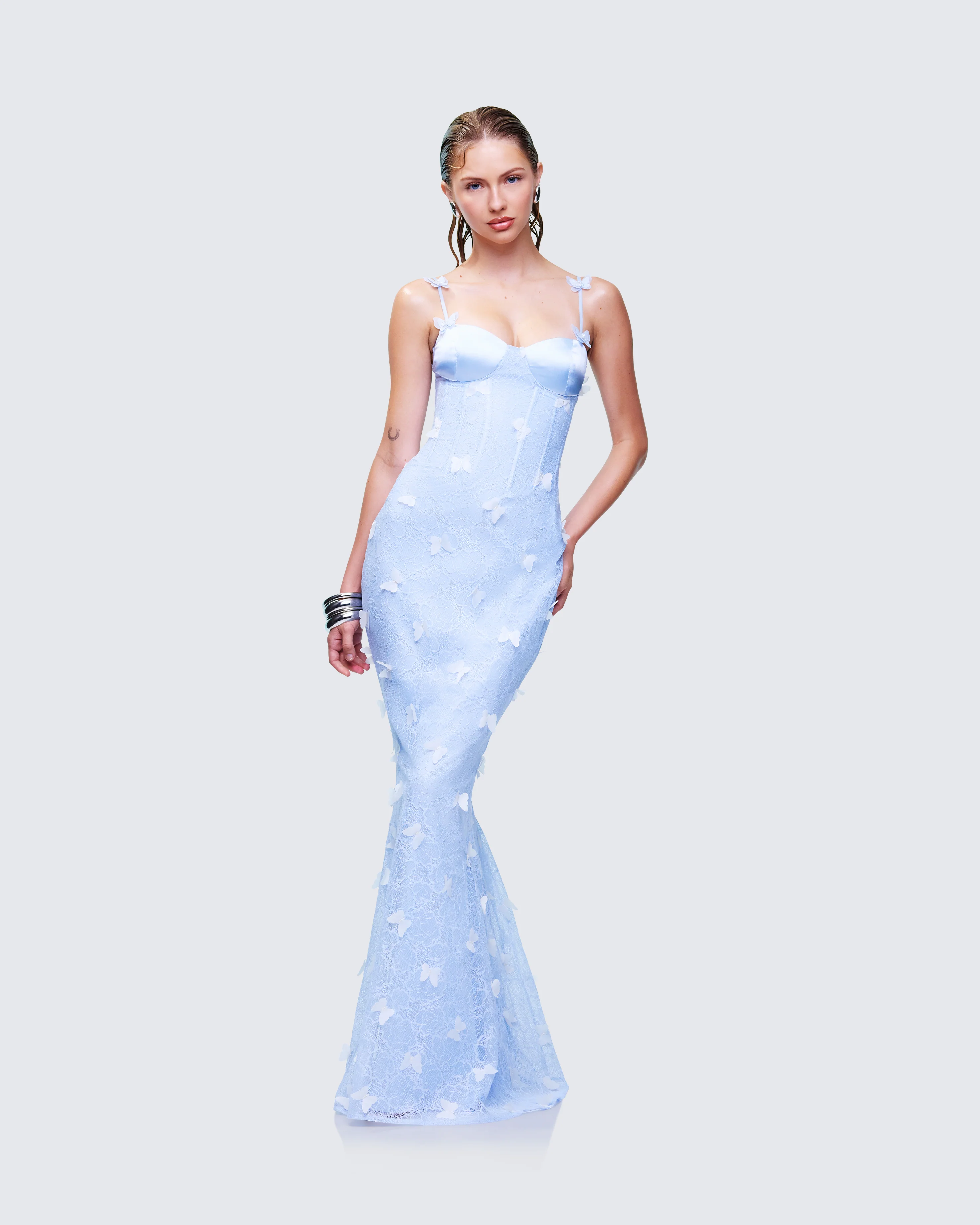 Alma Blue Butterfly Lace Maxi Dress