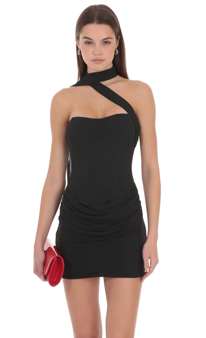 One Shoulder Corset Ruched Mini Dress in Black