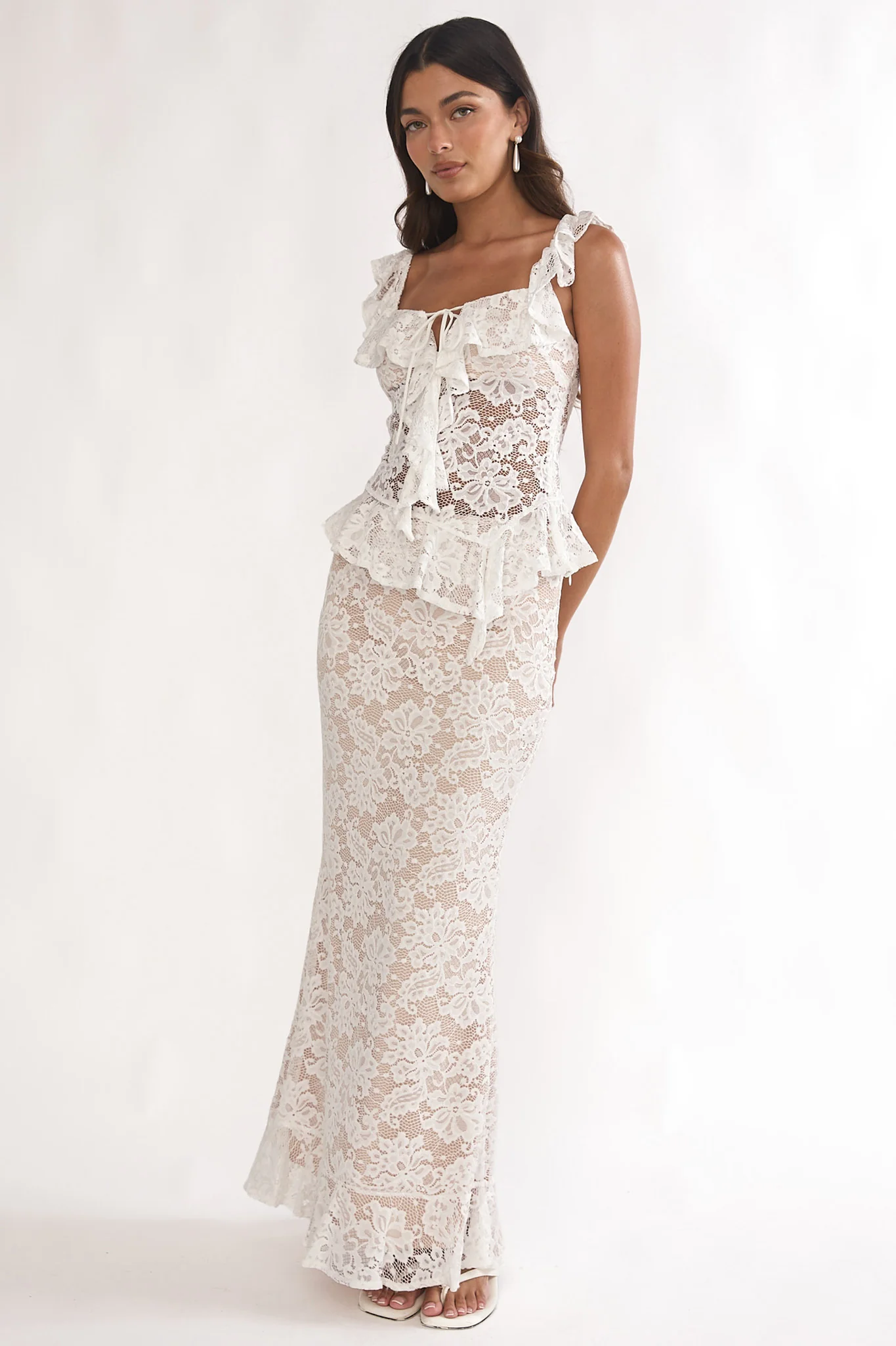 Kelina Ruffle Hem Lace Maxi Skirt White