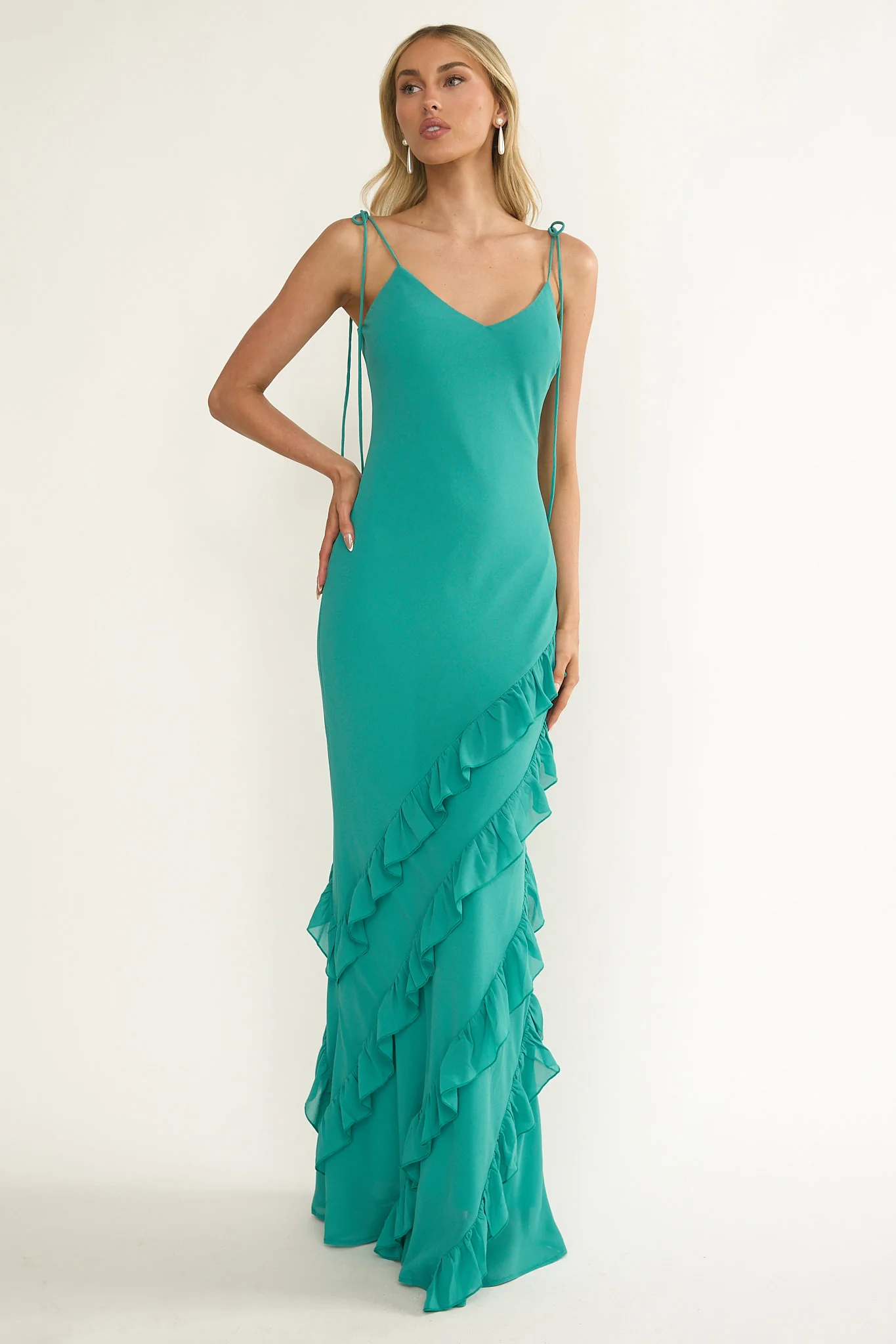 Dreamy Day Ruffle Trim Maxi Dress Turquoise - luluinthesky